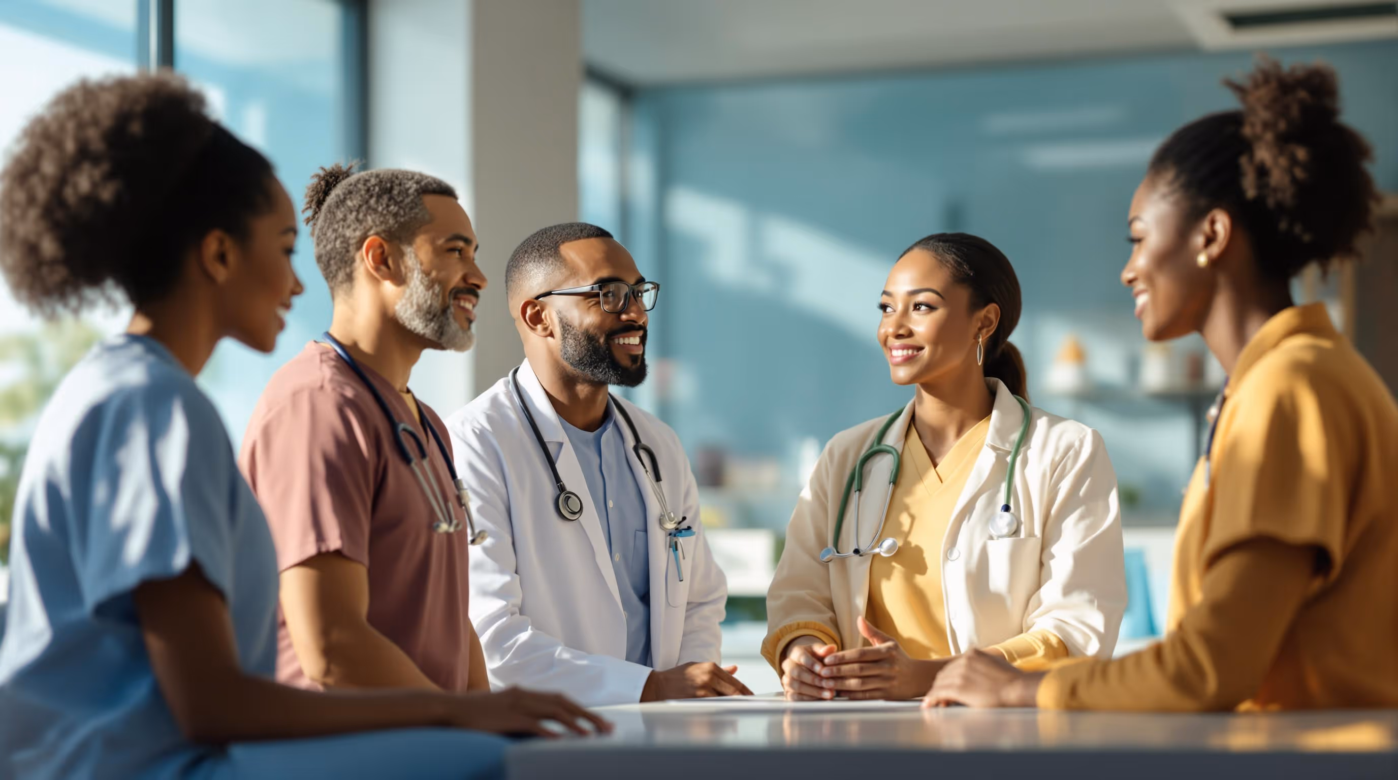 Healthcare team collaborating on AI patient engagement strategies and digital patient support solutions to improve outcomes across clinical settings.