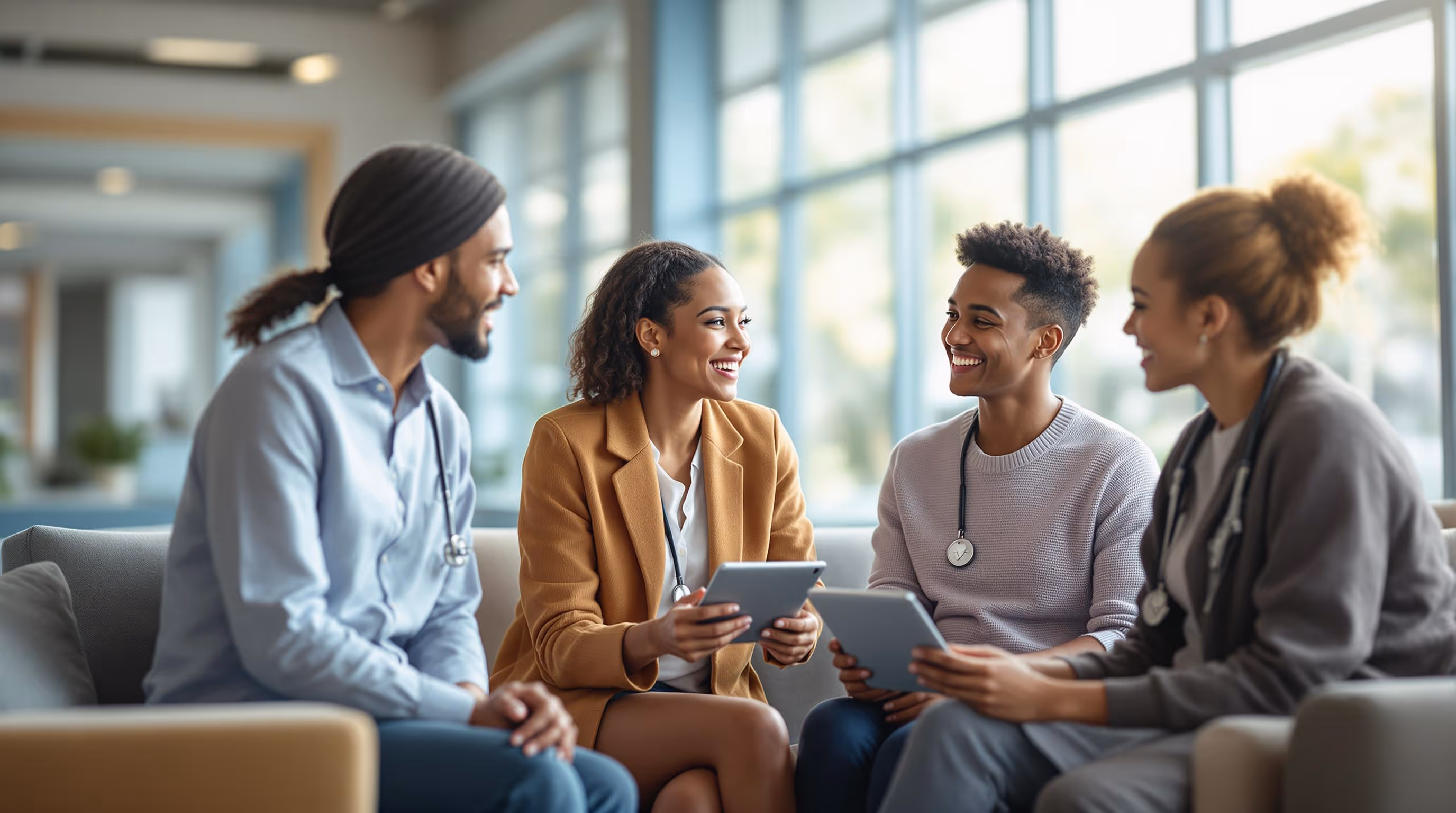 Medical team using digital patient engagement tools to plan personalized care strategies with AI-driven support software for improved patient outcomes.