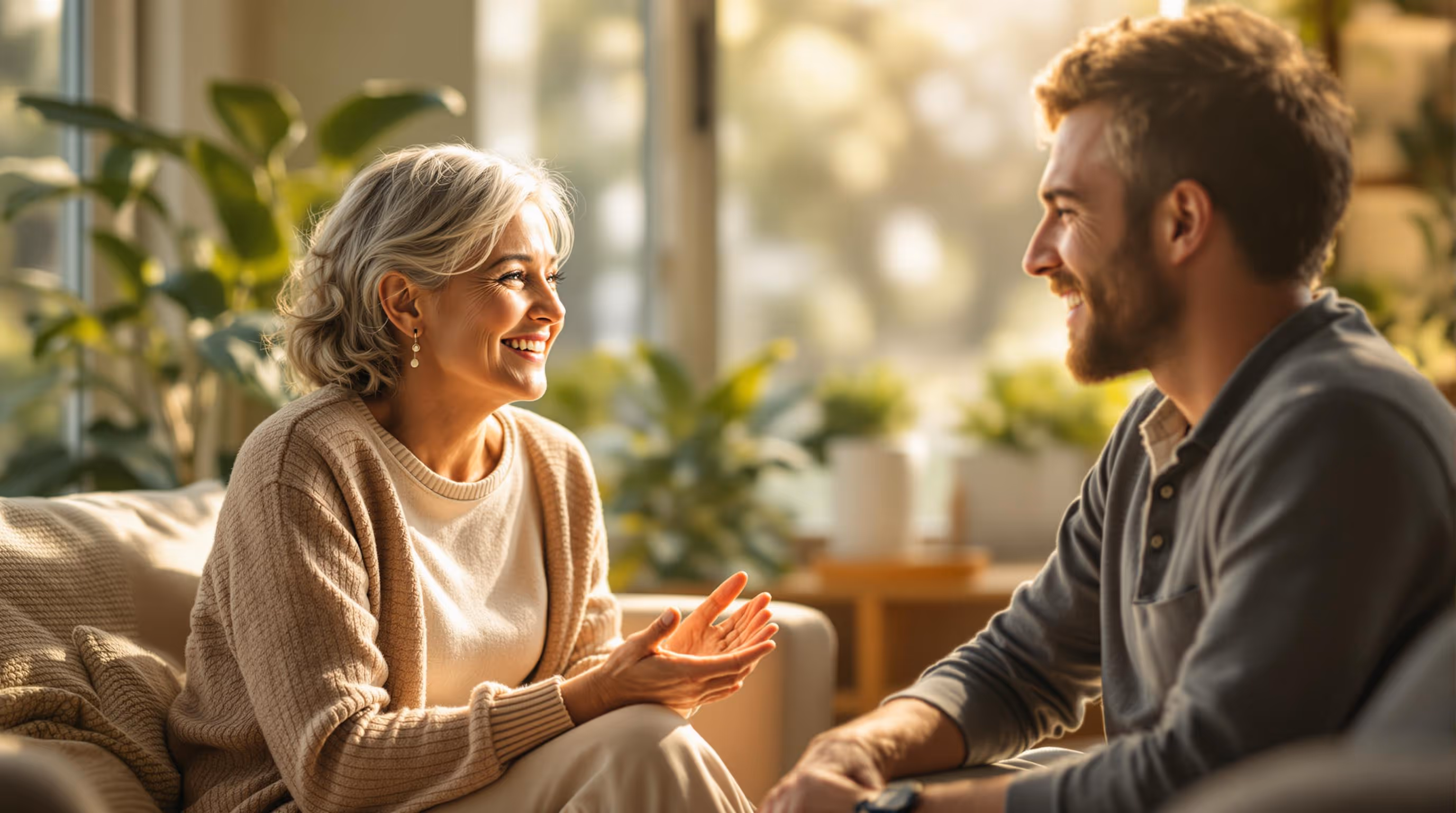 Engaged patient and caregiver sharing a supportive conversation, reflecting the power of peer-led patient engagement and digital support solutions.