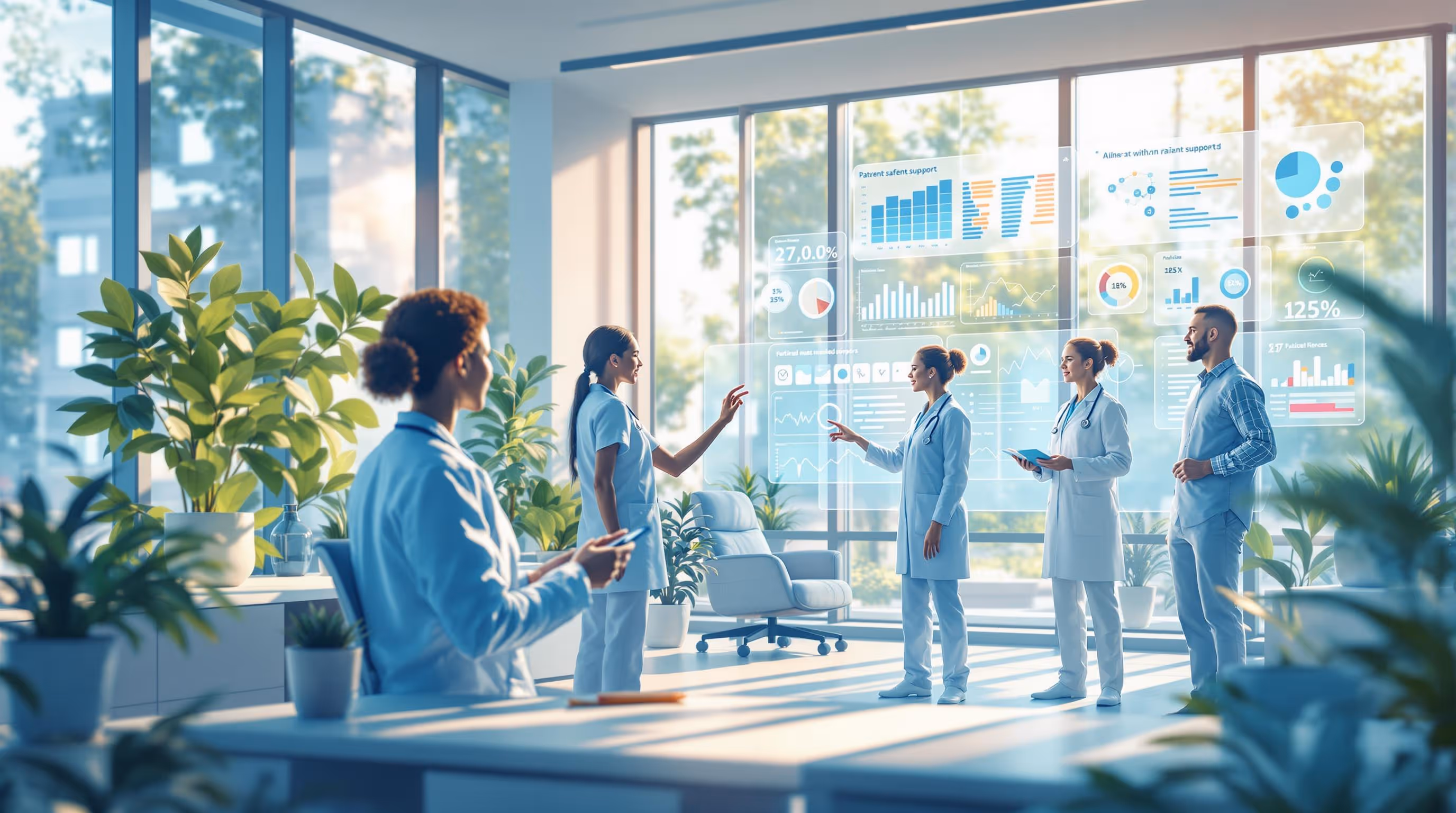 Healthcare team analyzing AI-driven patient engagement metrics and pharma marketing analytics through an advanced digital patient support platform.