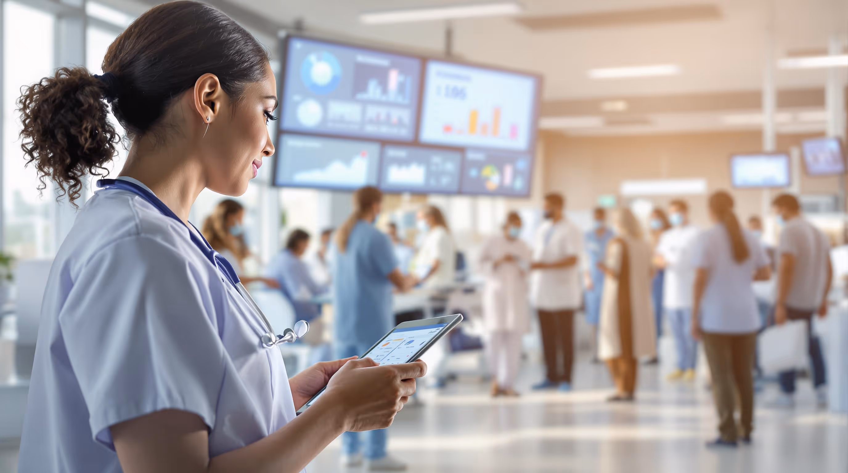 Clinician using AI-powered patient engagement software to access real-time patient journey data in a hospital setting, enhancing care with HIPAA-compliant digital tools.