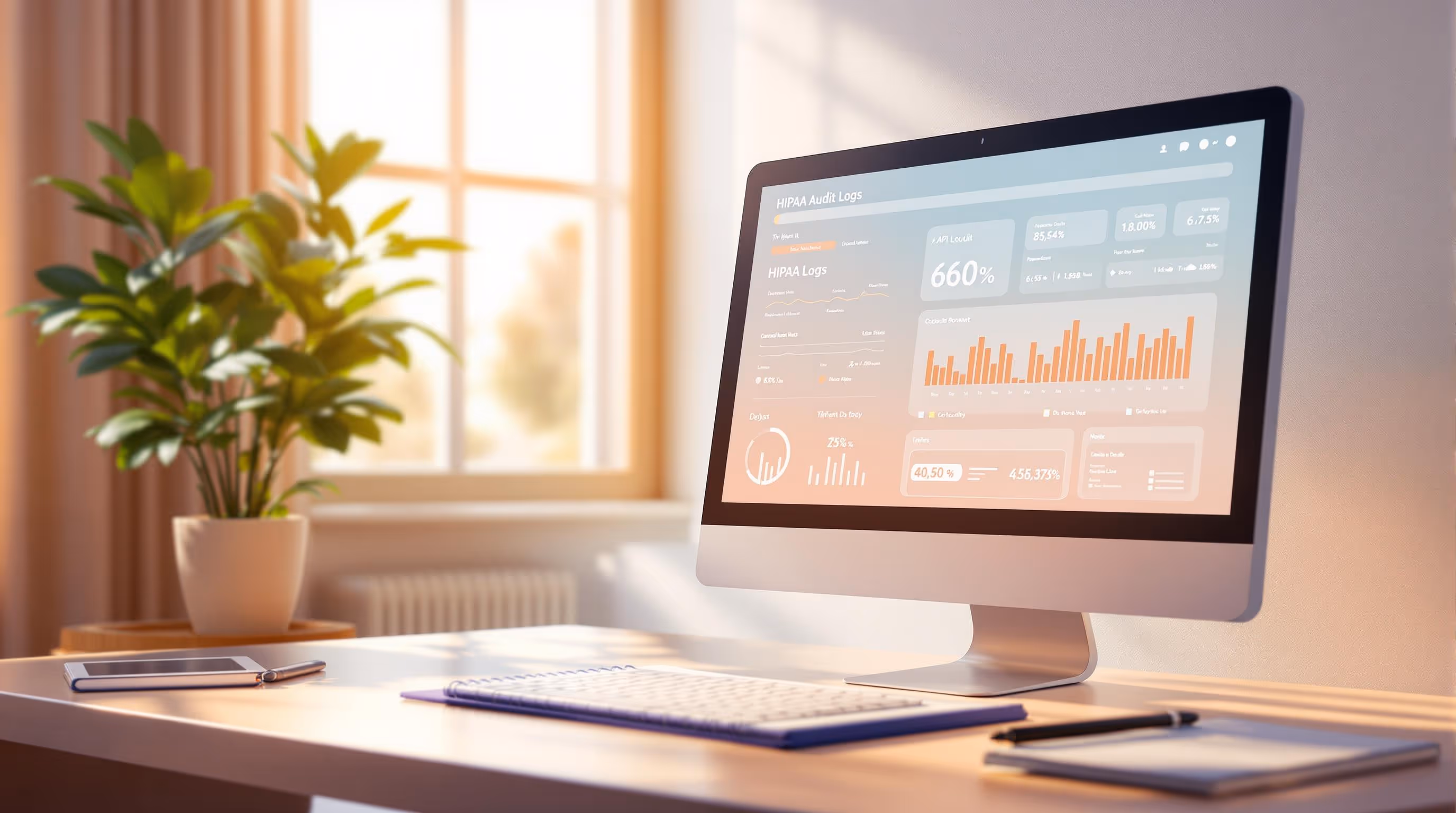 HIPAA-compliant patient engagement software dashboard displaying audit logs, analytics, and adherence metrics on a desktop screen in a healthcare office.