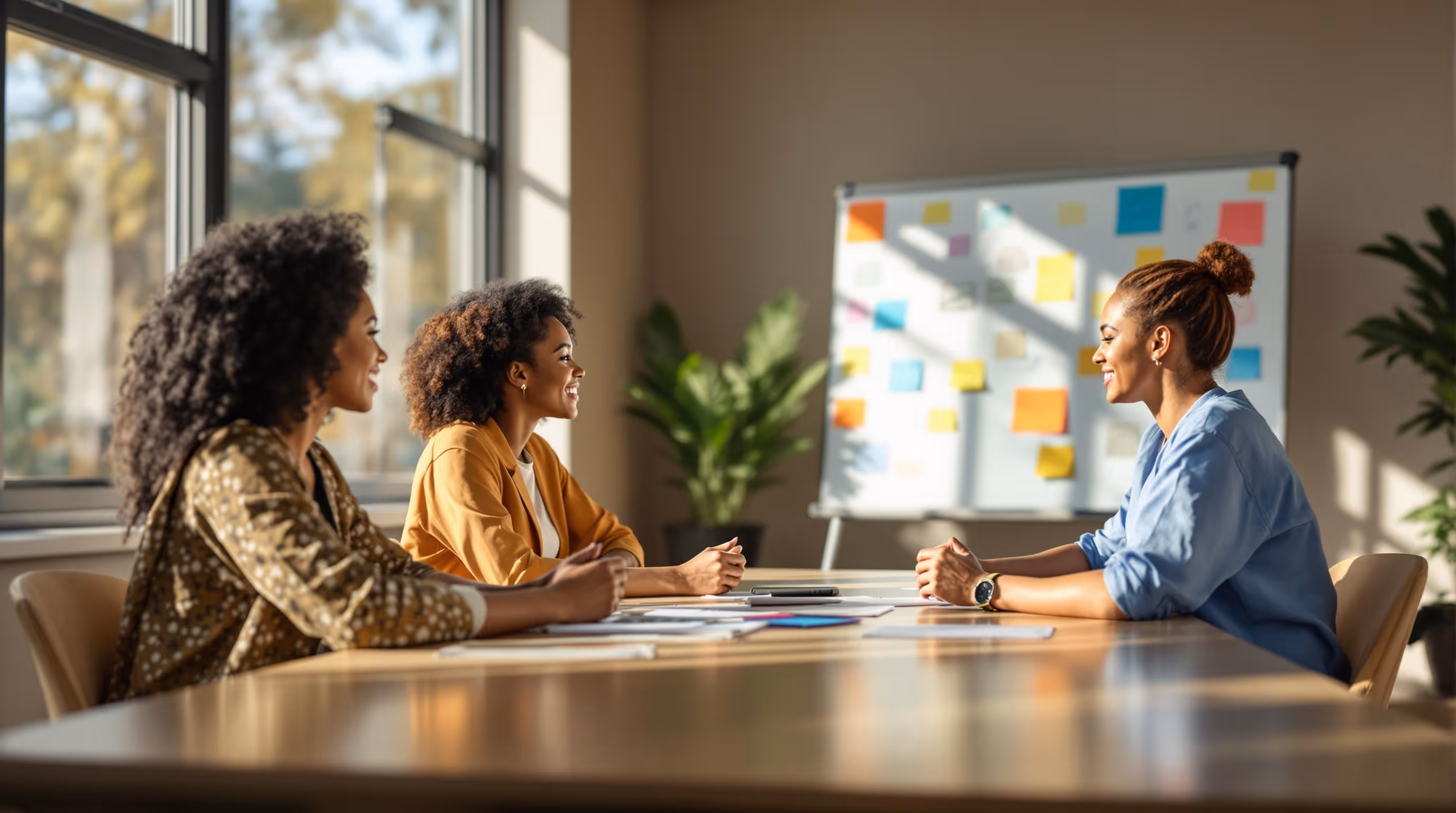 Team of healthcare professionals collaborating on patient engagement strategies, surrounded by notes and planning materials in a bright, modern workspace.