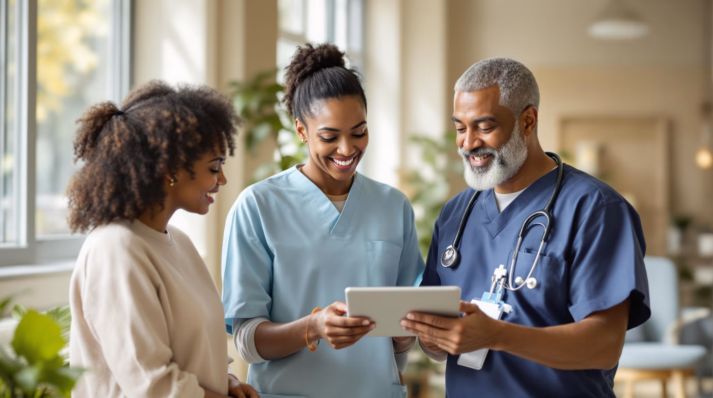 Smiling healthcare professionals and a patient reviewing care information on a digital tablet using AI-based patient support software for enhanced patient engagement and adherence.