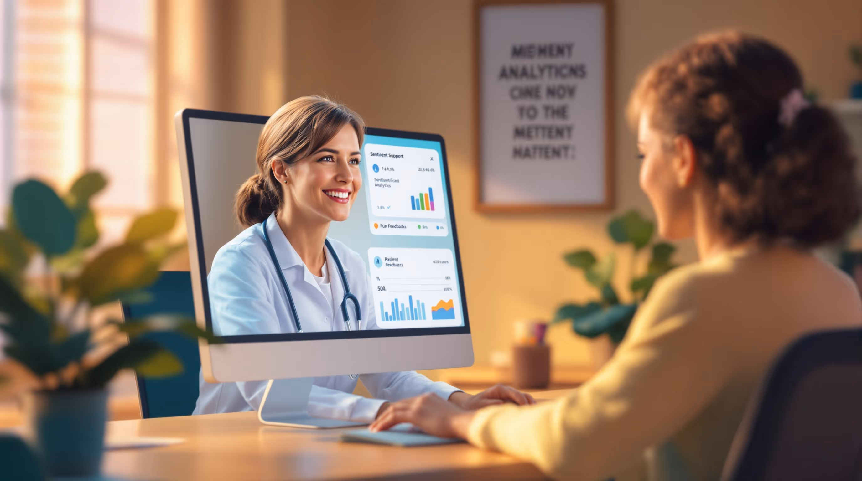 Doctor providing virtual care through a telehealth platform with patient engagement analytics, highlighting AI-powered patient support and HIPAA-compliant digital communication.