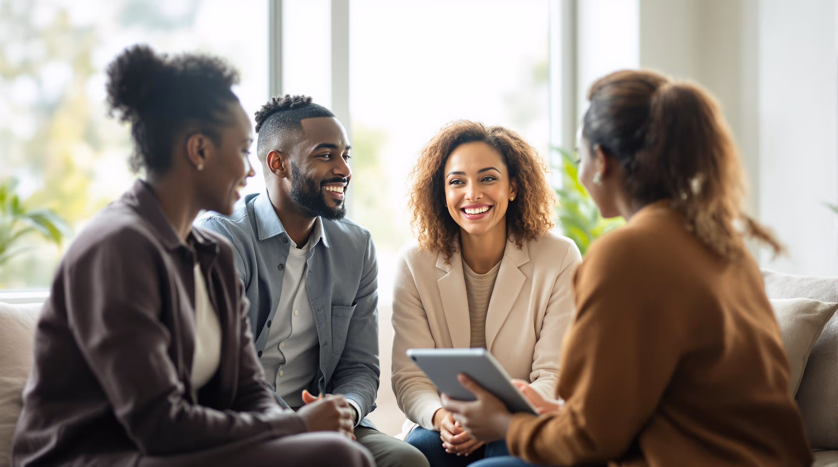 Support group meeting discussing digital patient engagement and personalized care plans, emphasizing patient support programs and relationship-building strategies in healthcare.