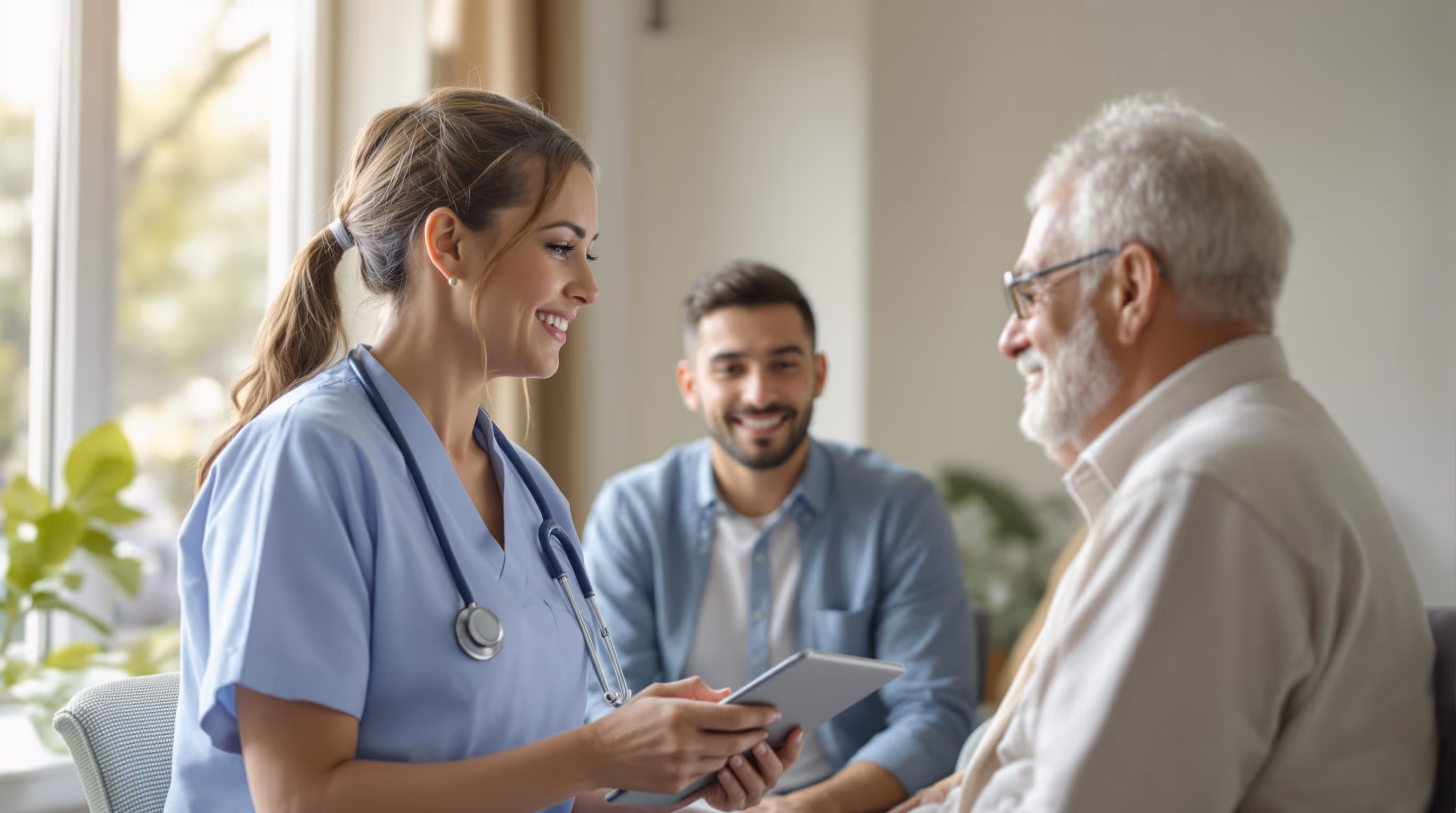Nurse using patient engagement software to support an older patient and caregiver with compassionate, HIPAA-compliant care.