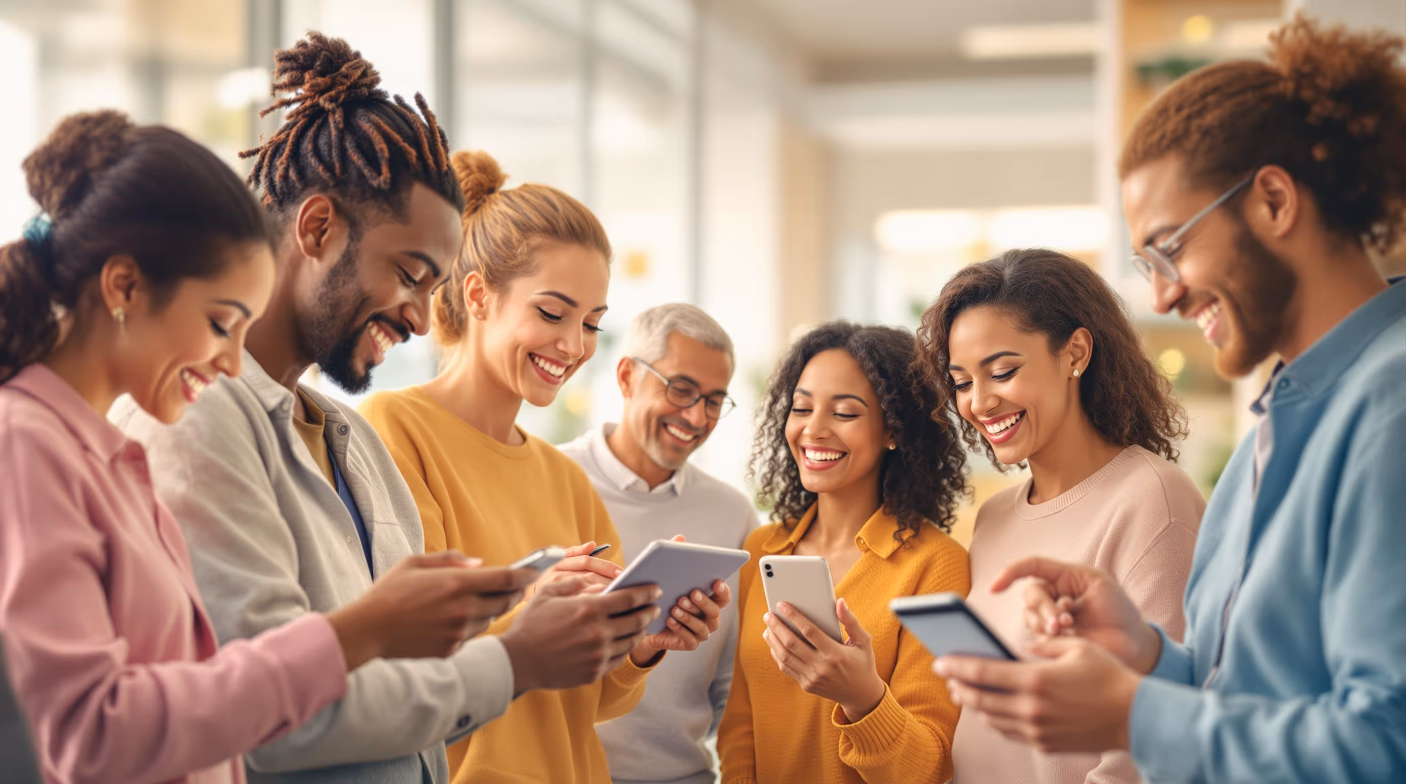 Diverse group of people smiling and engaging with mobile devices, representing inclusive digital patient engagement and real-time health communication tools.