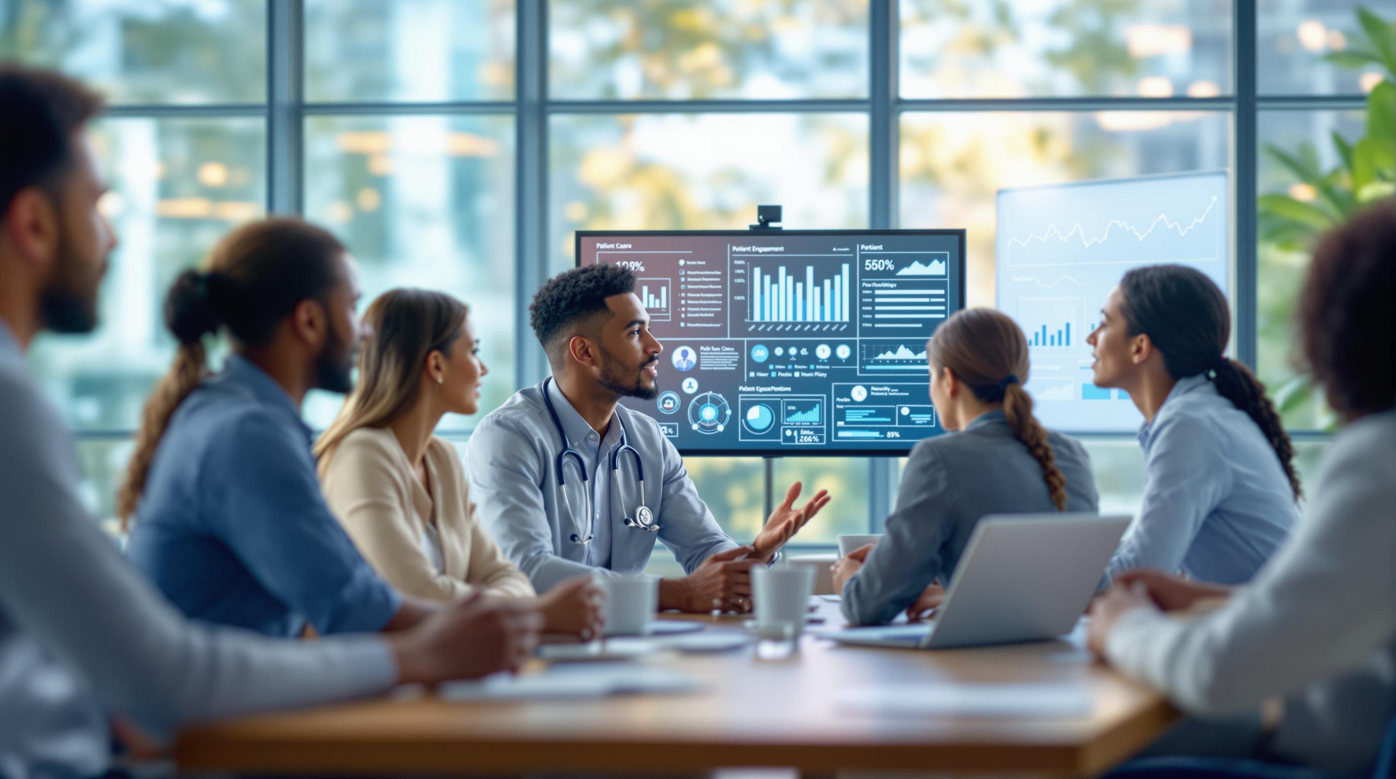 Nurse using patient engagement software to support an older patient and caregiver with compassionate, HIPAA-compliant care.