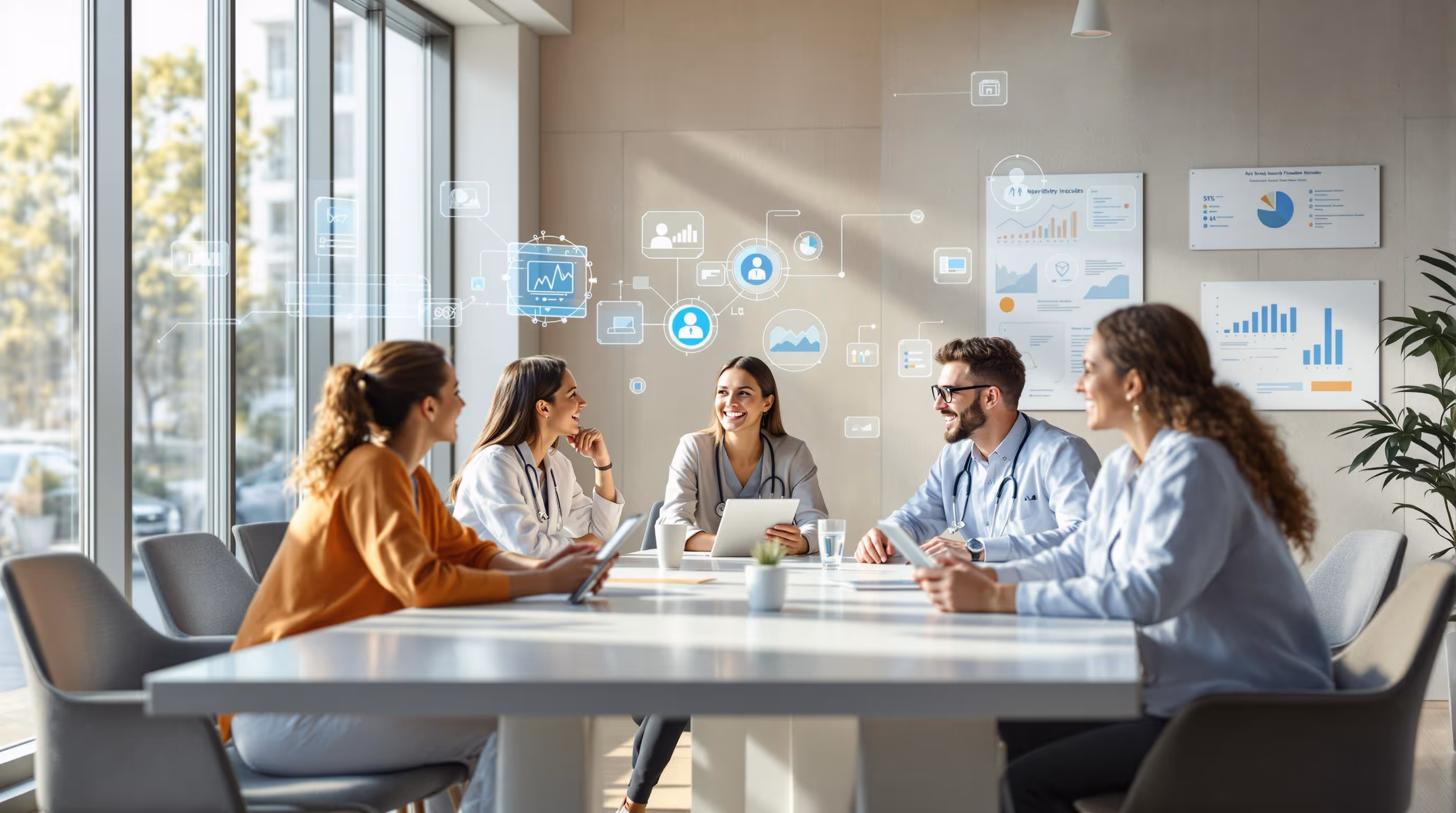 Healthcare team meeting in a bright, modern office, using digital tools and data-driven dashboards to collaborate on patient engagement strategies and clinical outcomes.