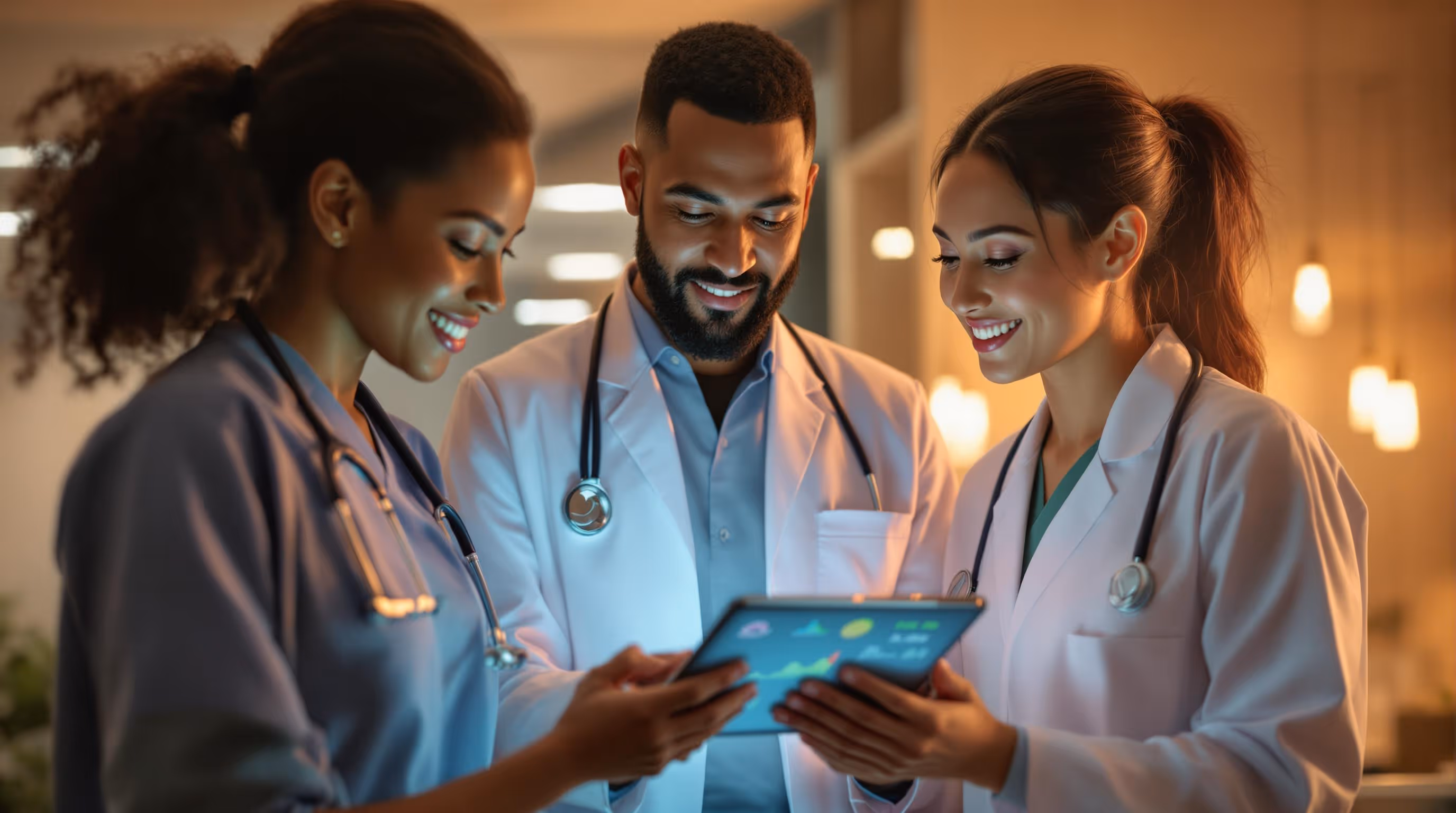 Three smiling healthcare professionals review patient data on a tablet in a warmly lit clinical setting, reflecting teamwork and digital patient engagement in action.