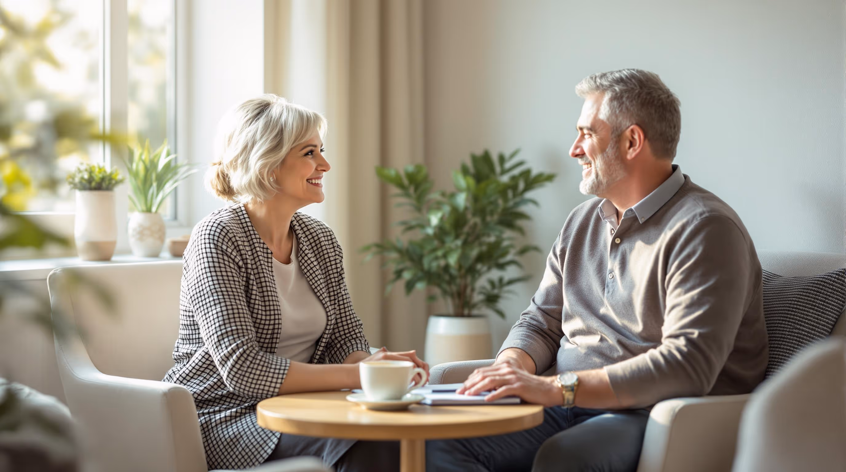 Two older adults sit across from each other in a cozy, sunlit room, smiling and engaged in warm conversation, reflecting comfort, connection, and emotional support in healthcare. 