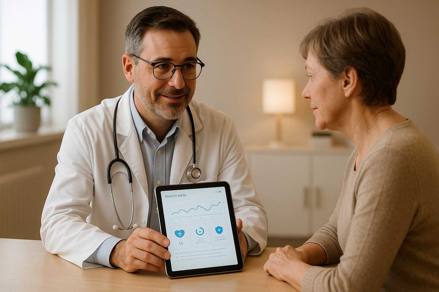 Nurse using patient engagement software to support an older patient and caregiver with compassionate, HIPAA-compliant care.
