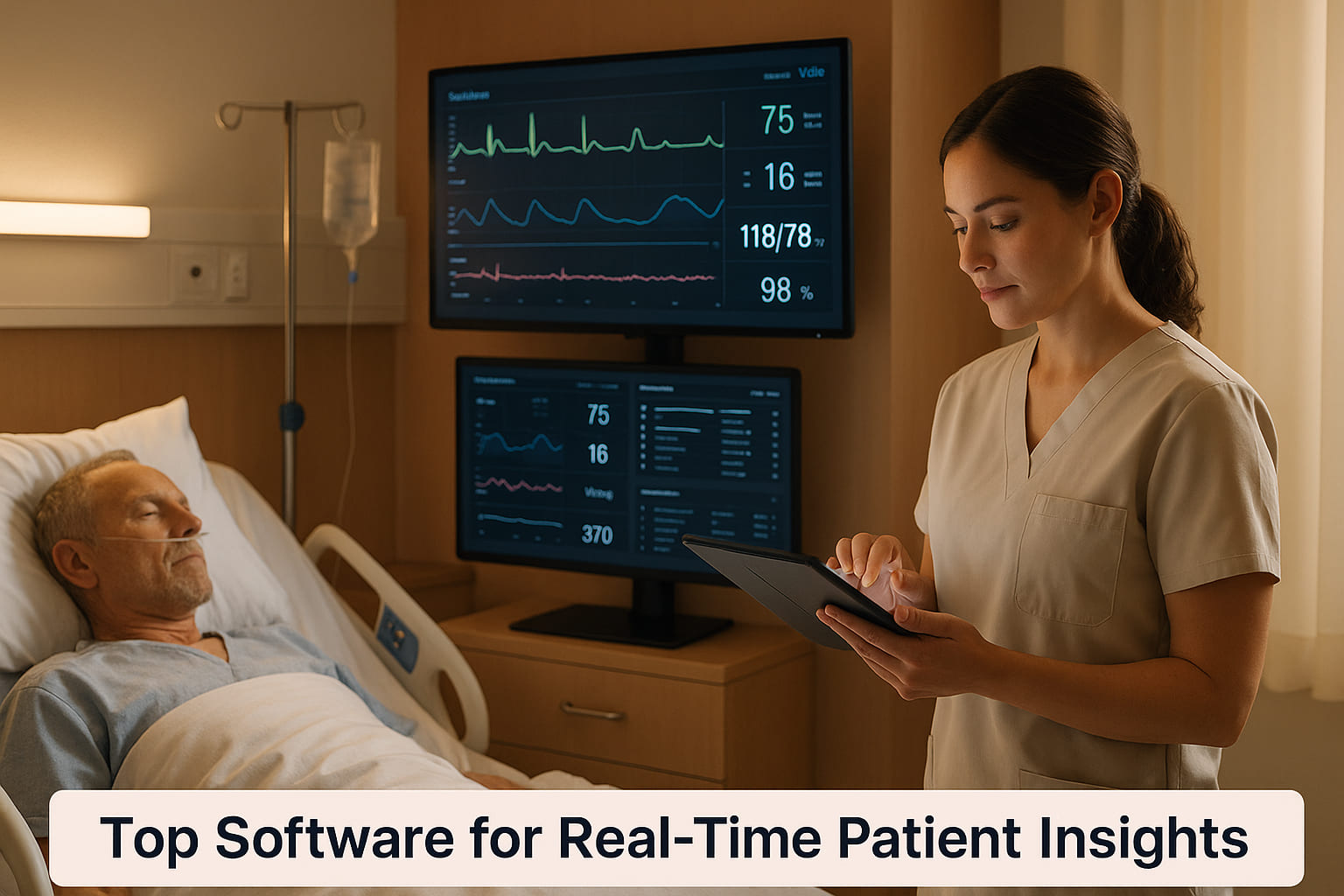 Nurse using patient engagement software to support an older patient and caregiver with compassionate, HIPAA-compliant care.