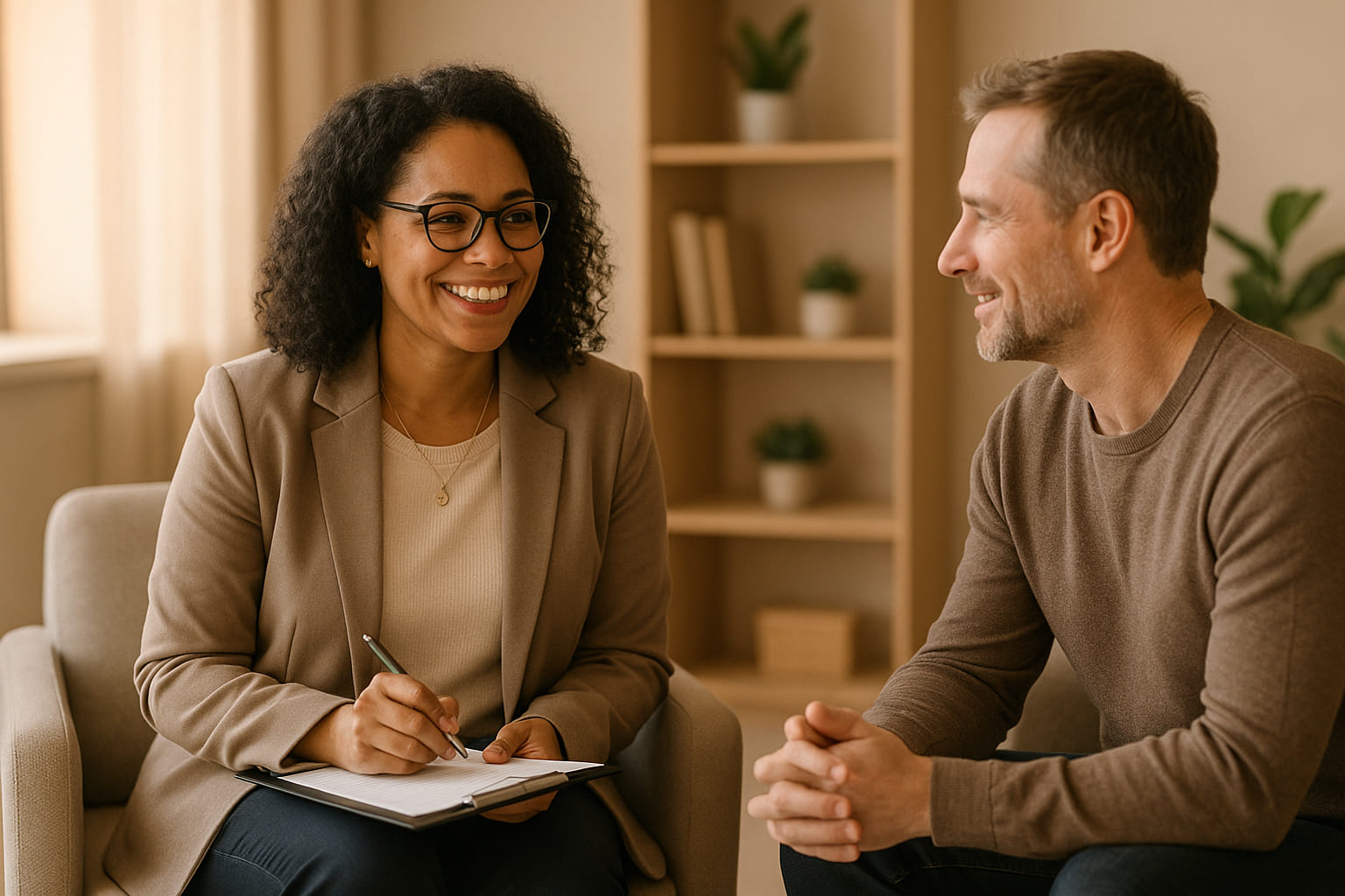 Nurse using patient engagement software to support an older patient and caregiver with compassionate, HIPAA-compliant care.