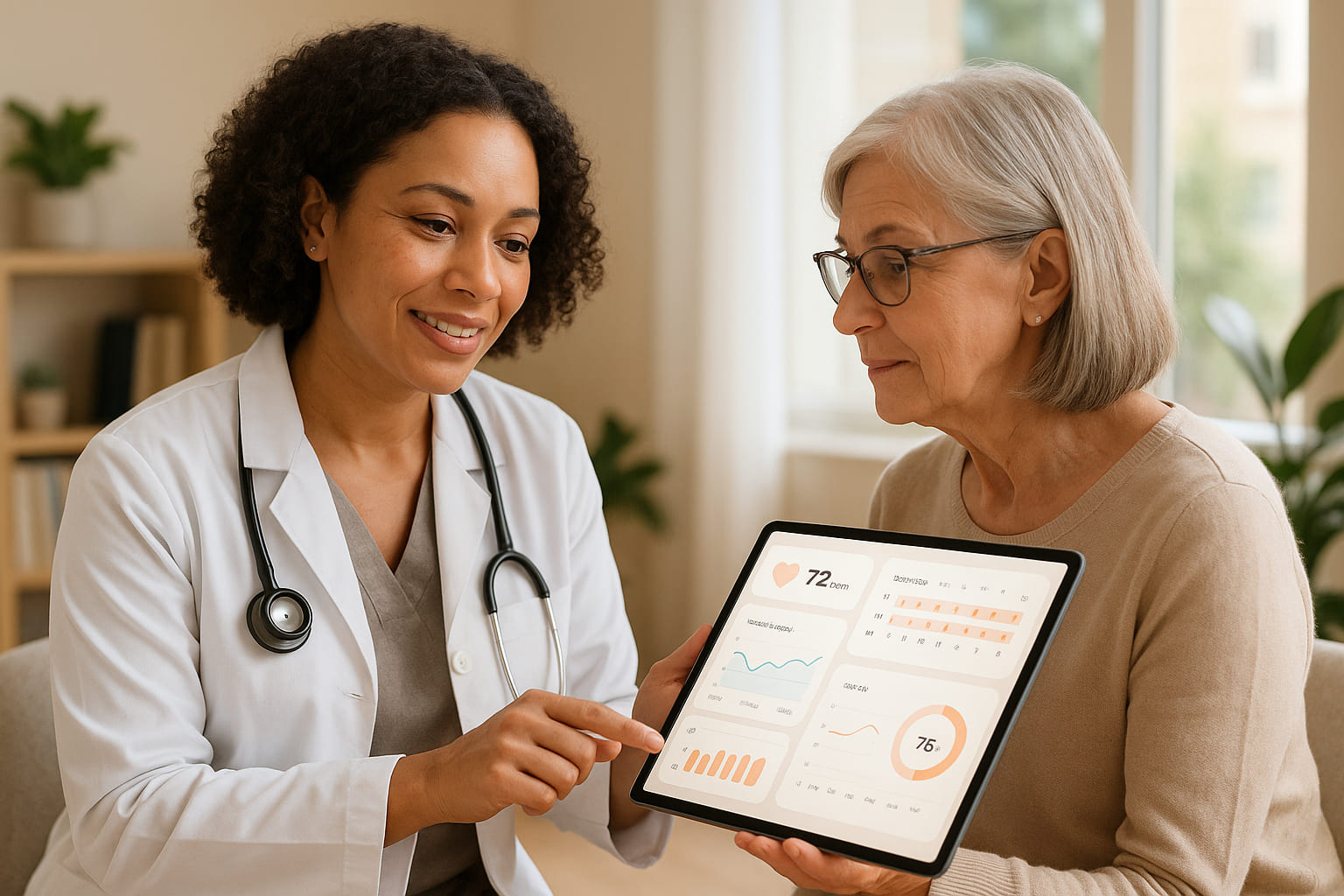 Nurse using patient engagement software to support an older patient and caregiver with compassionate, HIPAA-compliant care.