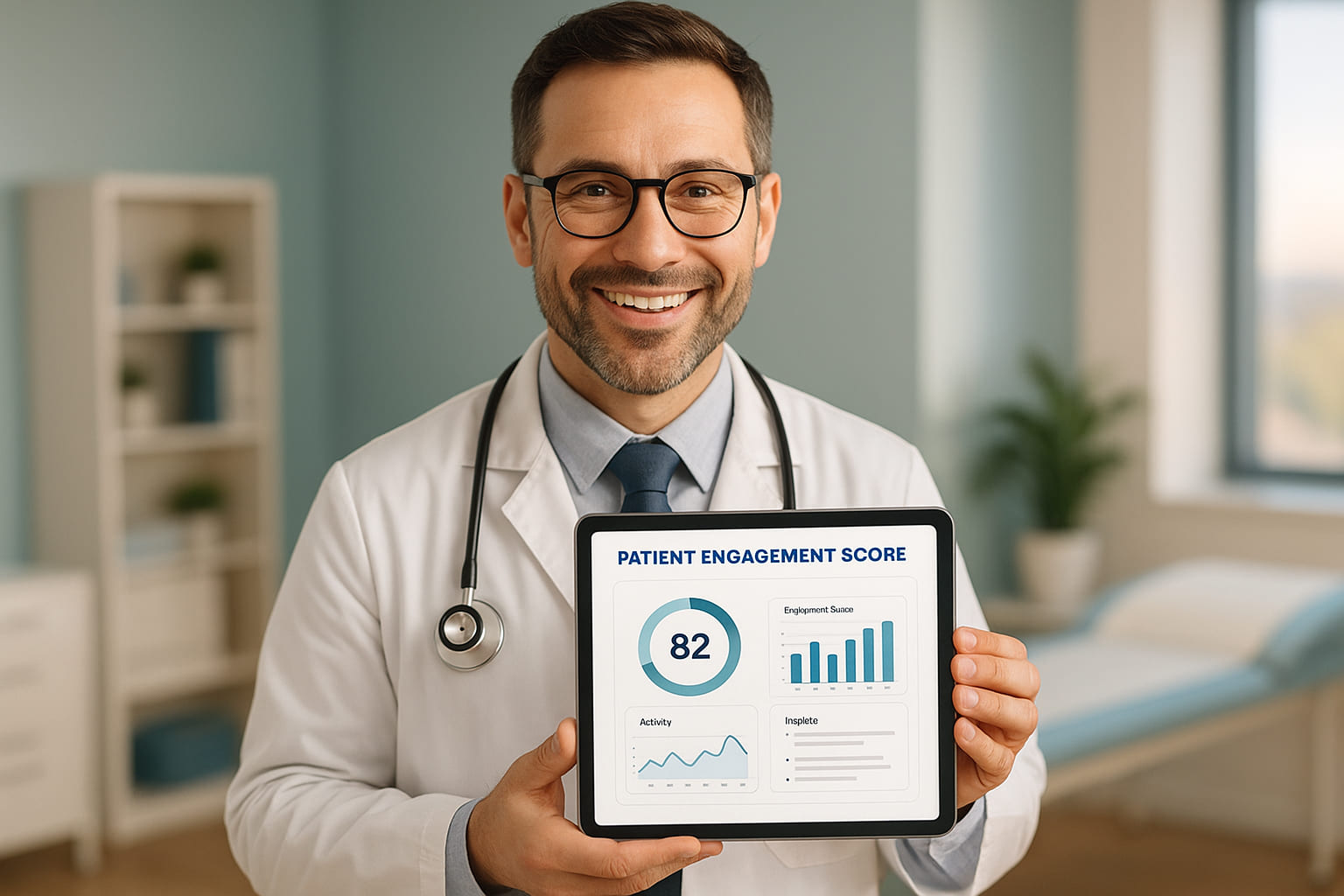 Nurse using patient engagement software to support an older patient and caregiver with compassionate, HIPAA-compliant care.