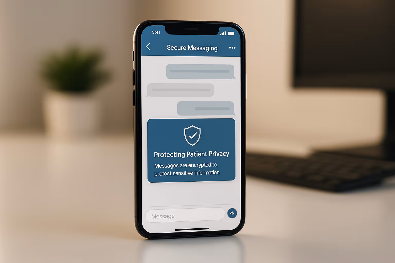 Nurse using patient engagement software to support an older patient and caregiver with compassionate, HIPAA-compliant care.