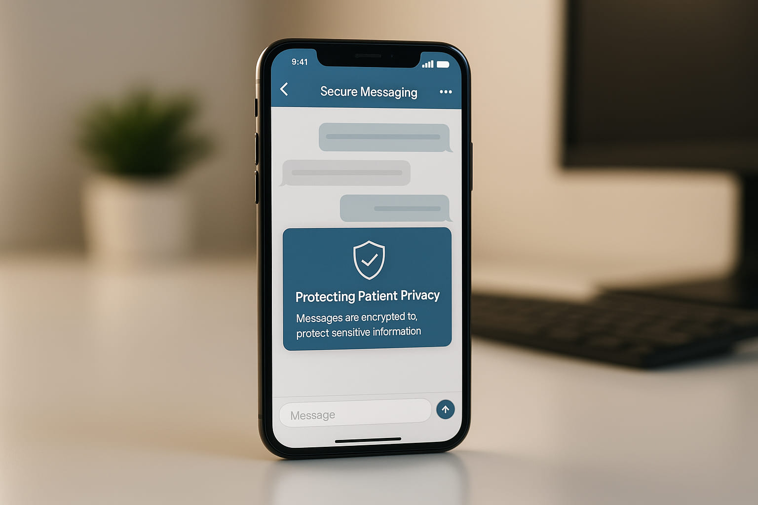 Nurse using patient engagement software to support an older patient and caregiver with compassionate, HIPAA-compliant care.