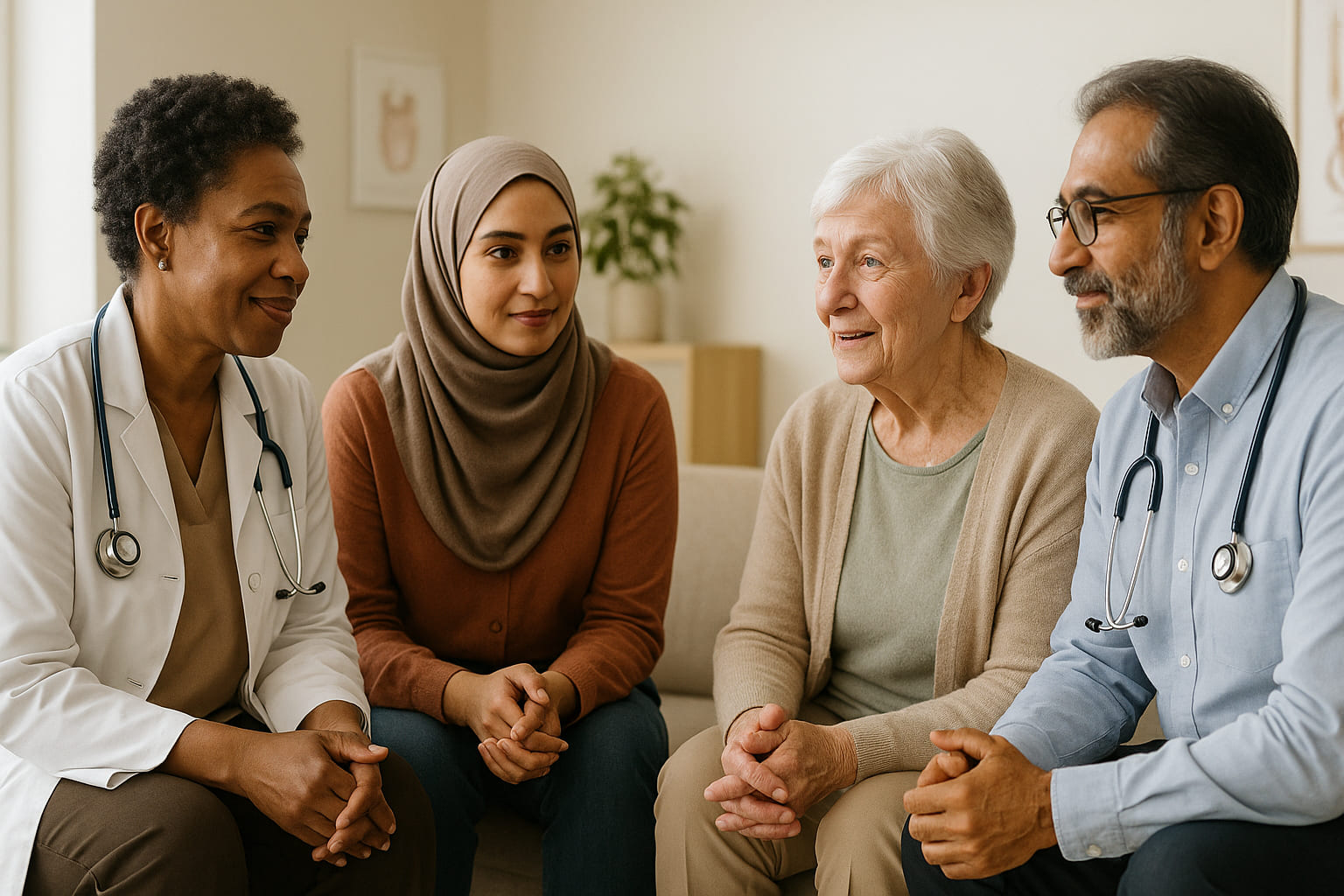 Nurse using patient engagement software to support an older patient and caregiver with compassionate, HIPAA-compliant care.