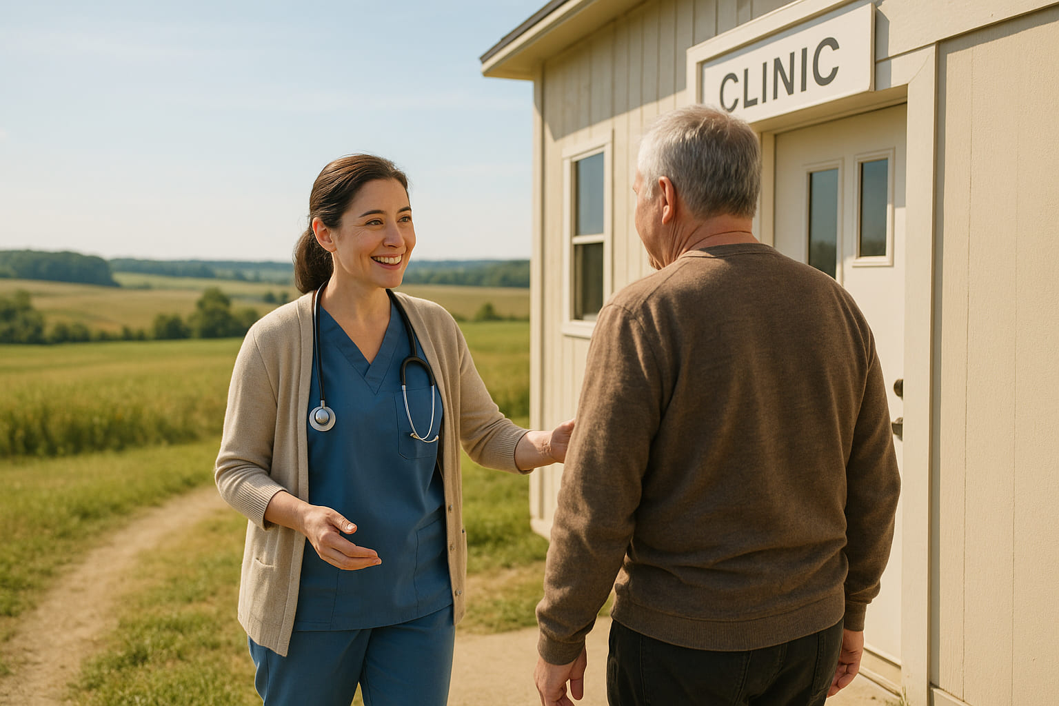Nurse using patient engagement software to support an older patient and caregiver with compassionate, HIPAA-compliant care.