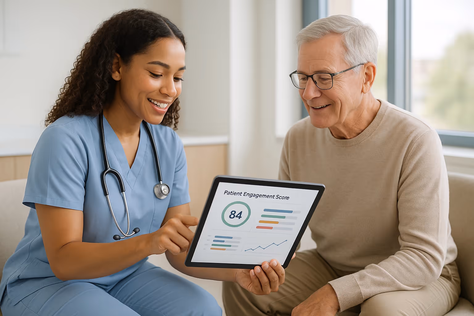 Nurse using patient engagement software to support an older patient and caregiver with compassionate, HIPAA-compliant care.
