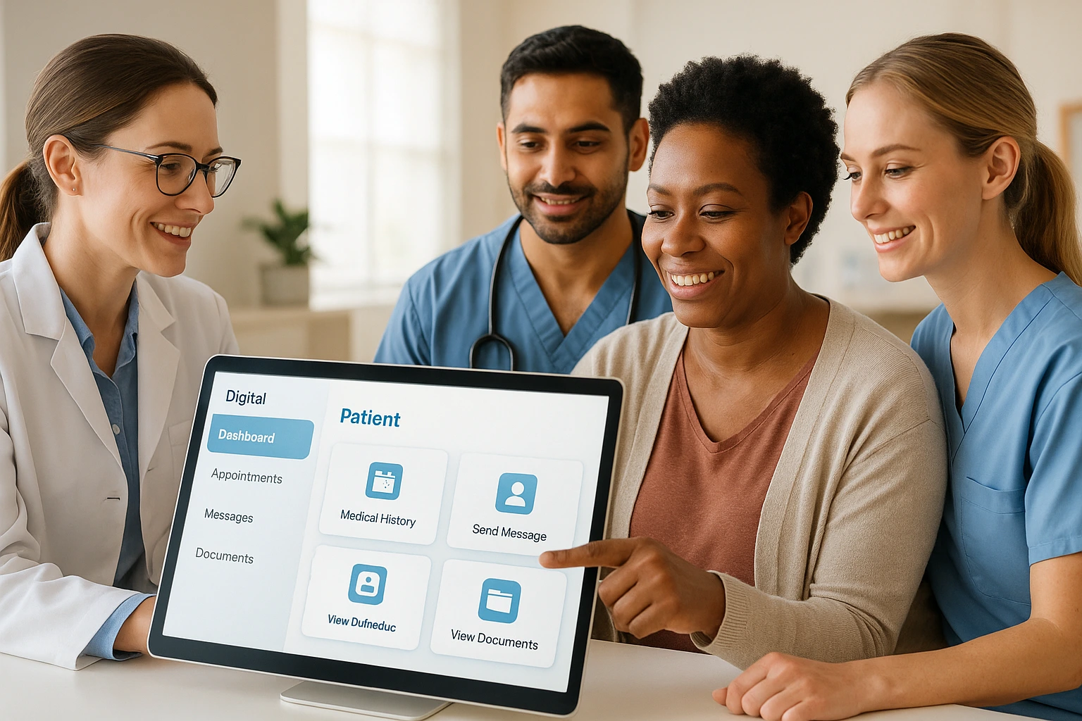Nurse using patient engagement software to support an older patient and caregiver with compassionate, HIPAA-compliant care.