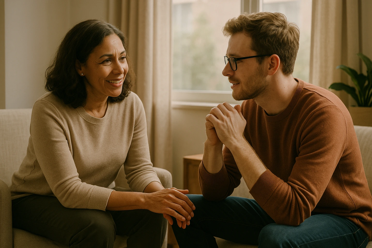 Nurse using patient engagement software to support an older patient and caregiver with compassionate, HIPAA-compliant care.