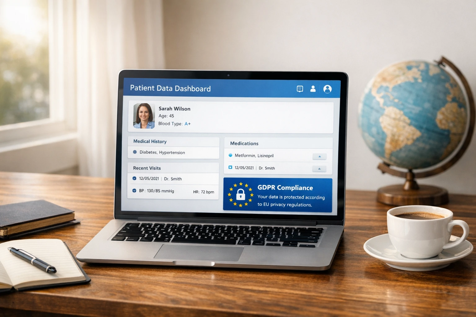 Nurse using patient engagement software to support an older patient and caregiver with compassionate, HIPAA-compliant care.