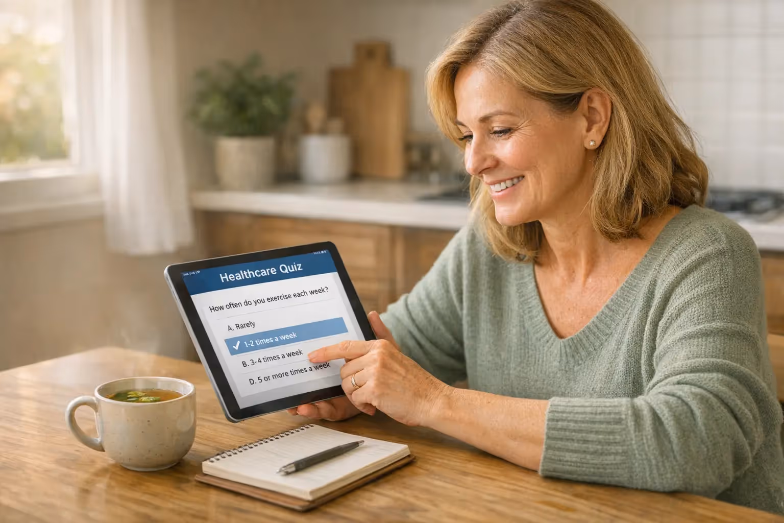 Nurse using patient engagement software to support an older patient and caregiver with compassionate, HIPAA-compliant care.