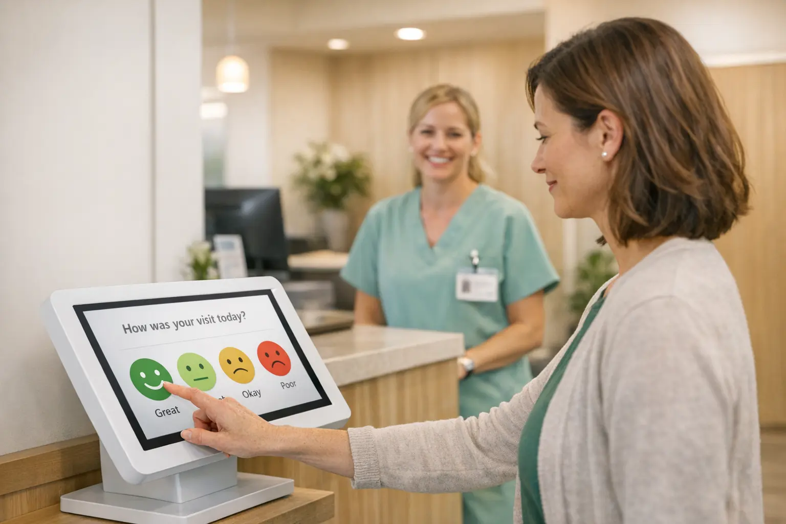 Nurse using patient engagement software to support an older patient and caregiver with compassionate, HIPAA-compliant care.