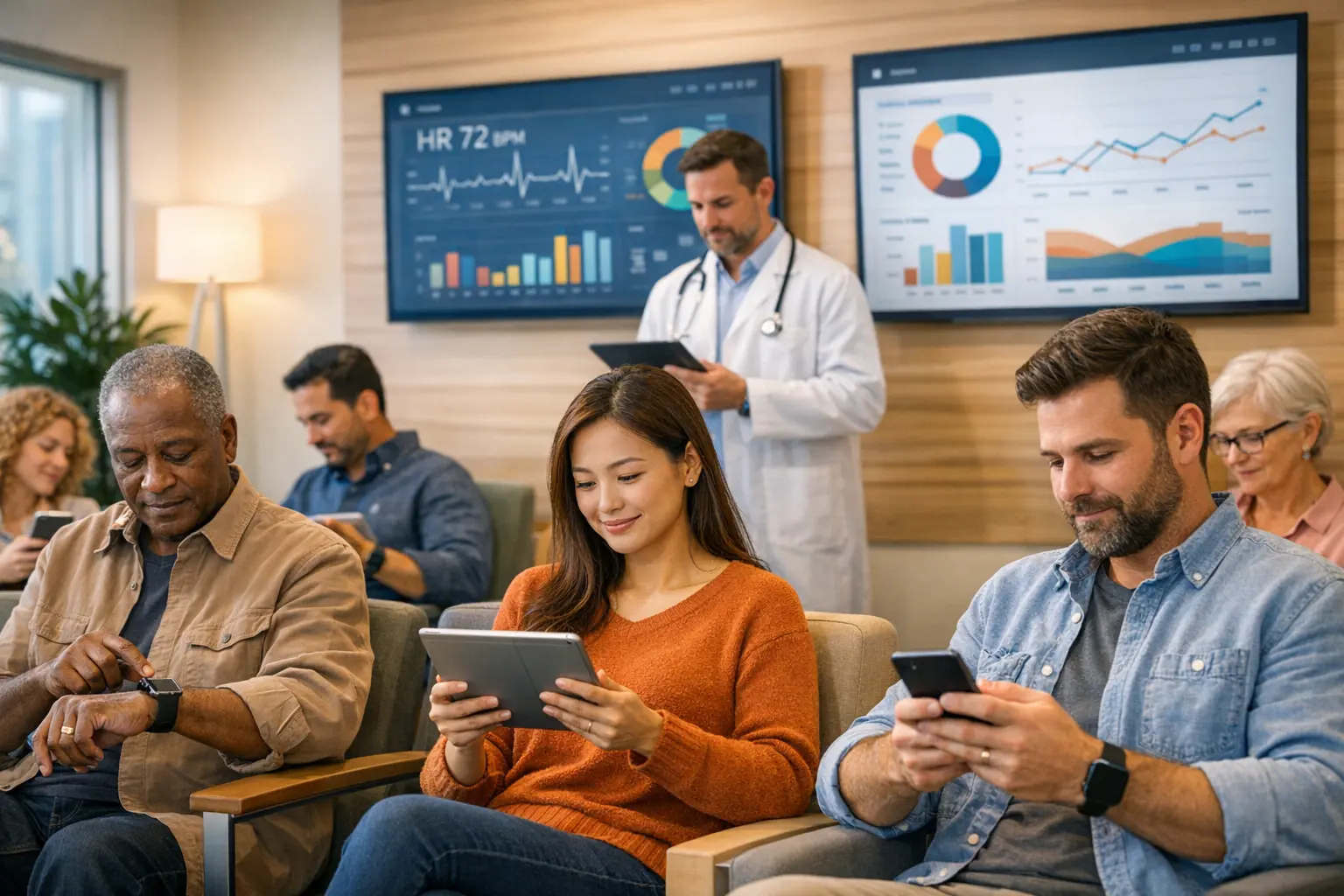 Nurse using patient engagement software to support an older patient and caregiver with compassionate, HIPAA-compliant care.