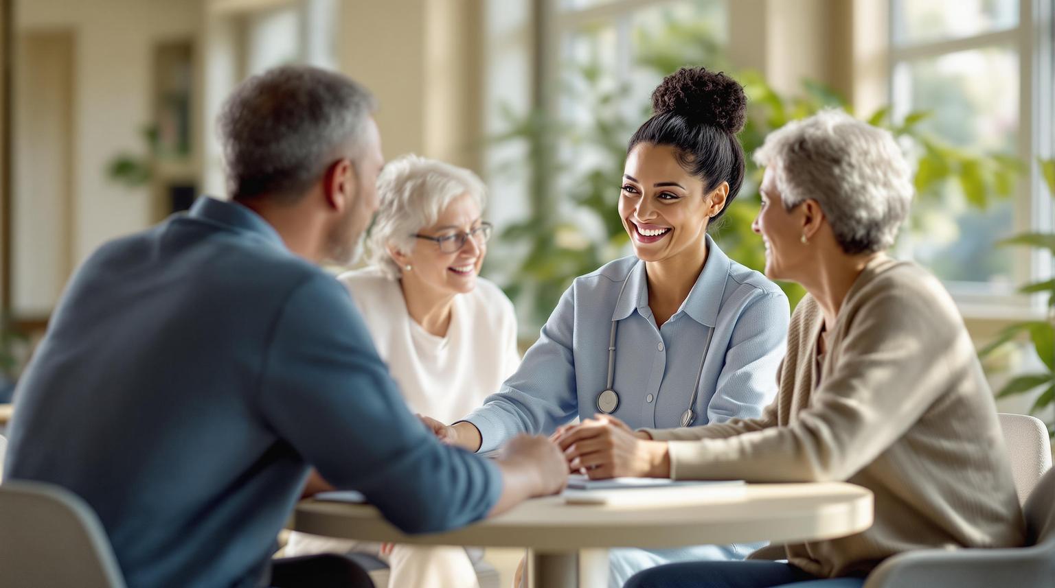 Nurse using patient engagement software to support an older patient and caregiver with compassionate, HIPAA-compliant care.