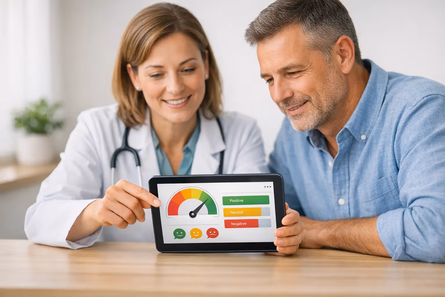 Nurse using patient engagement software to support an older patient and caregiver with compassionate, HIPAA-compliant care.