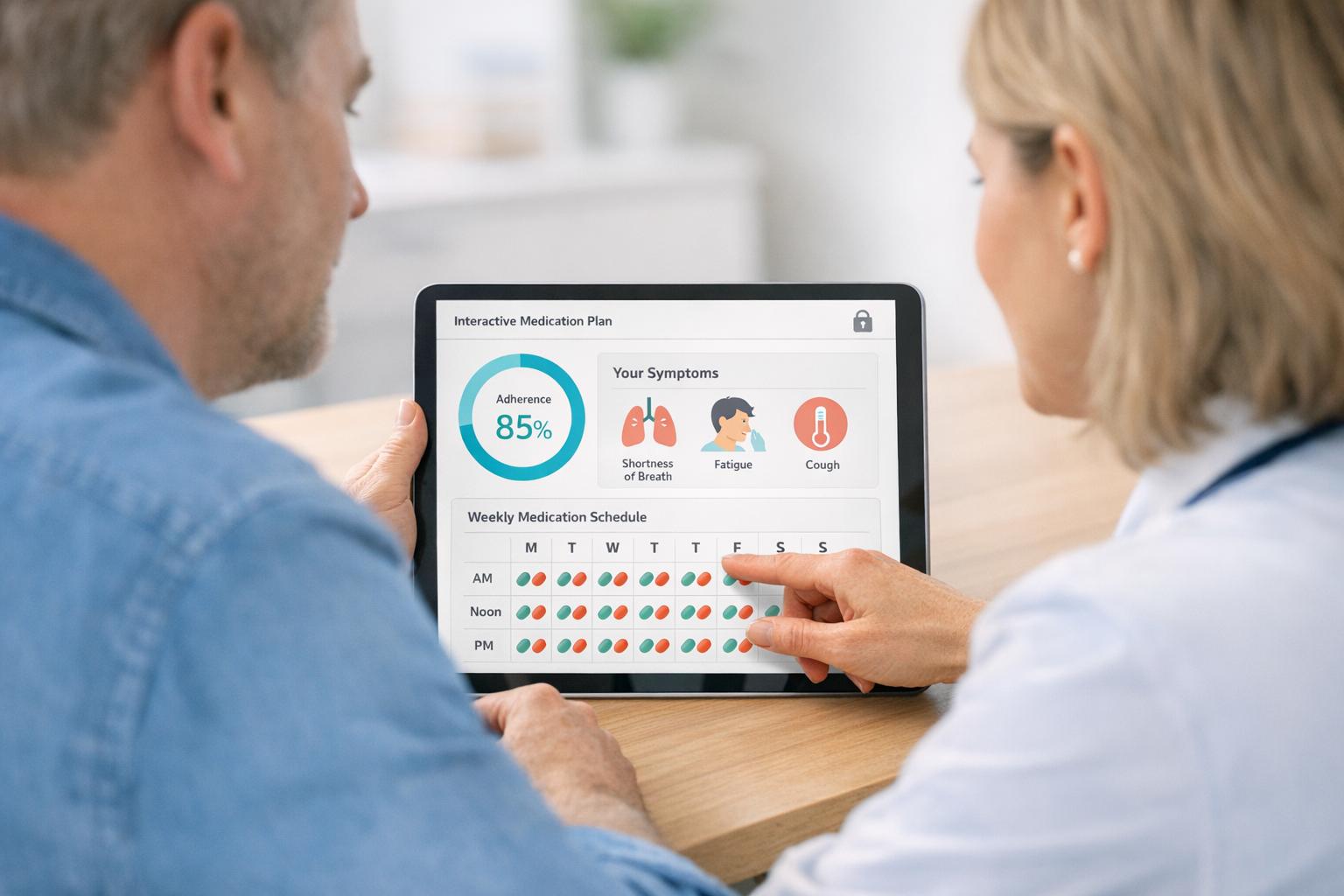 Nurse using patient engagement software to support an older patient and caregiver with compassionate, HIPAA-compliant care.
