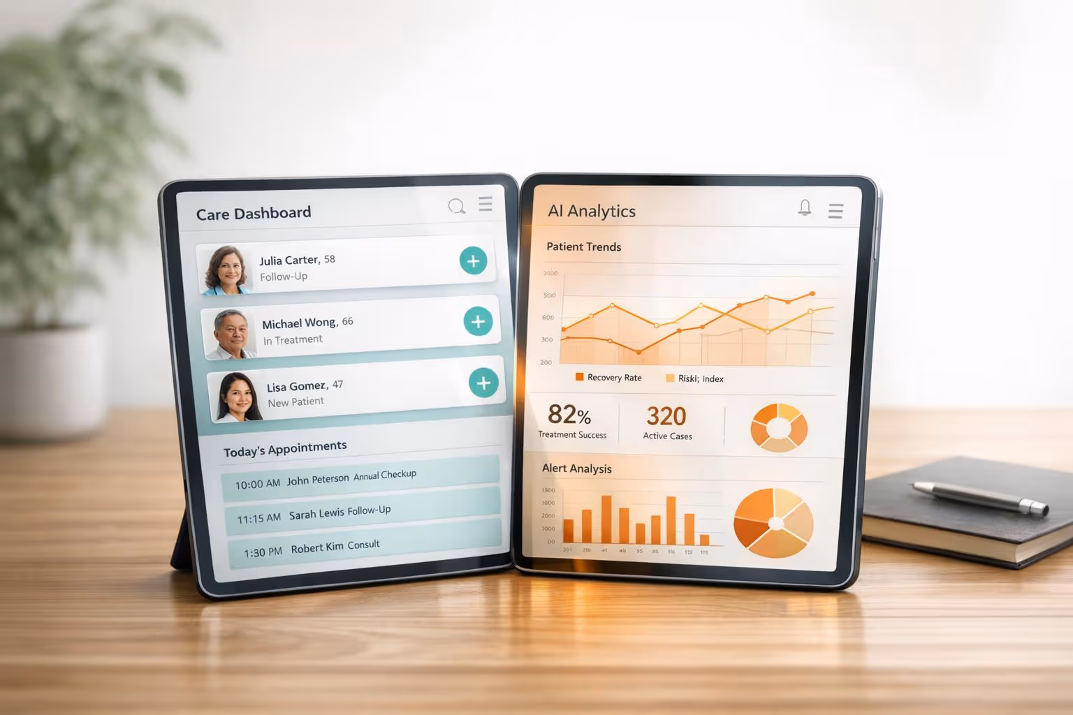 Nurse using patient engagement software to support an older patient and caregiver with compassionate, HIPAA-compliant care.