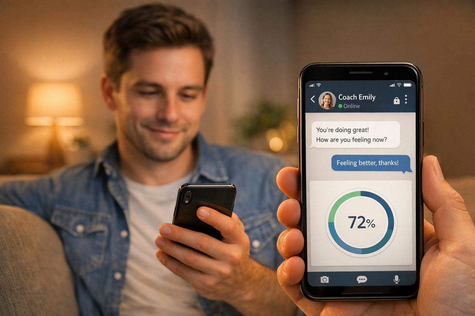 Nurse using patient engagement software to support an older patient and caregiver with compassionate, HIPAA-compliant care.