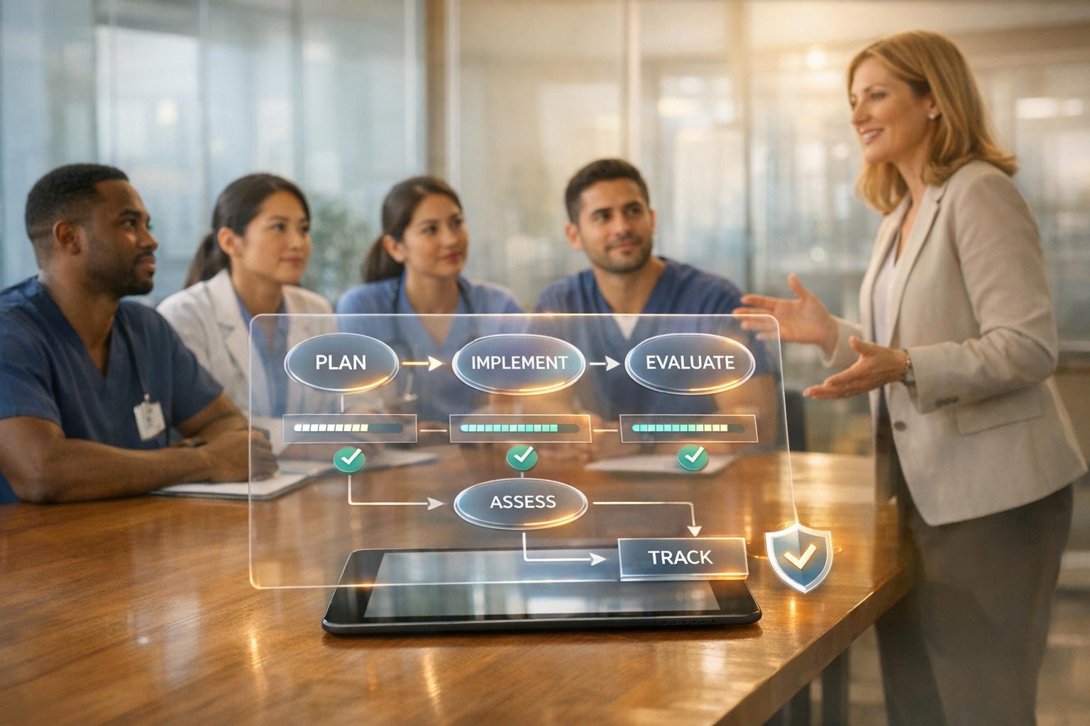 Nurse using patient engagement software to support an older patient and caregiver with compassionate, HIPAA-compliant care.