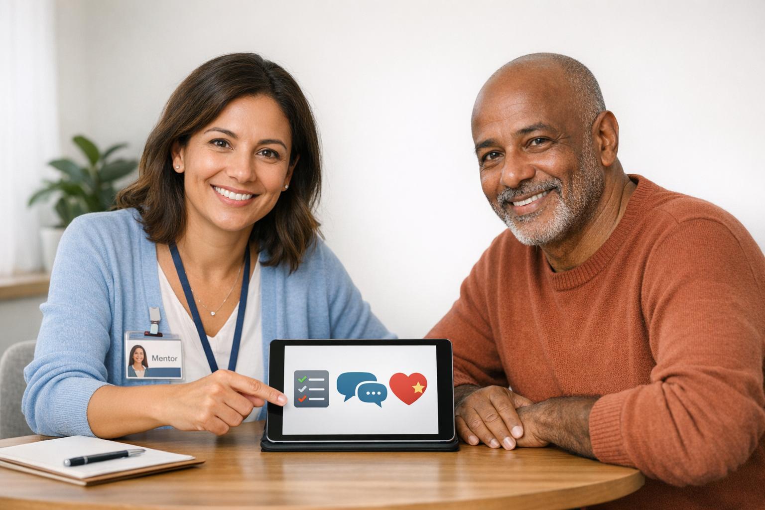 Nurse using patient engagement software to support an older patient and caregiver with compassionate, HIPAA-compliant care.
