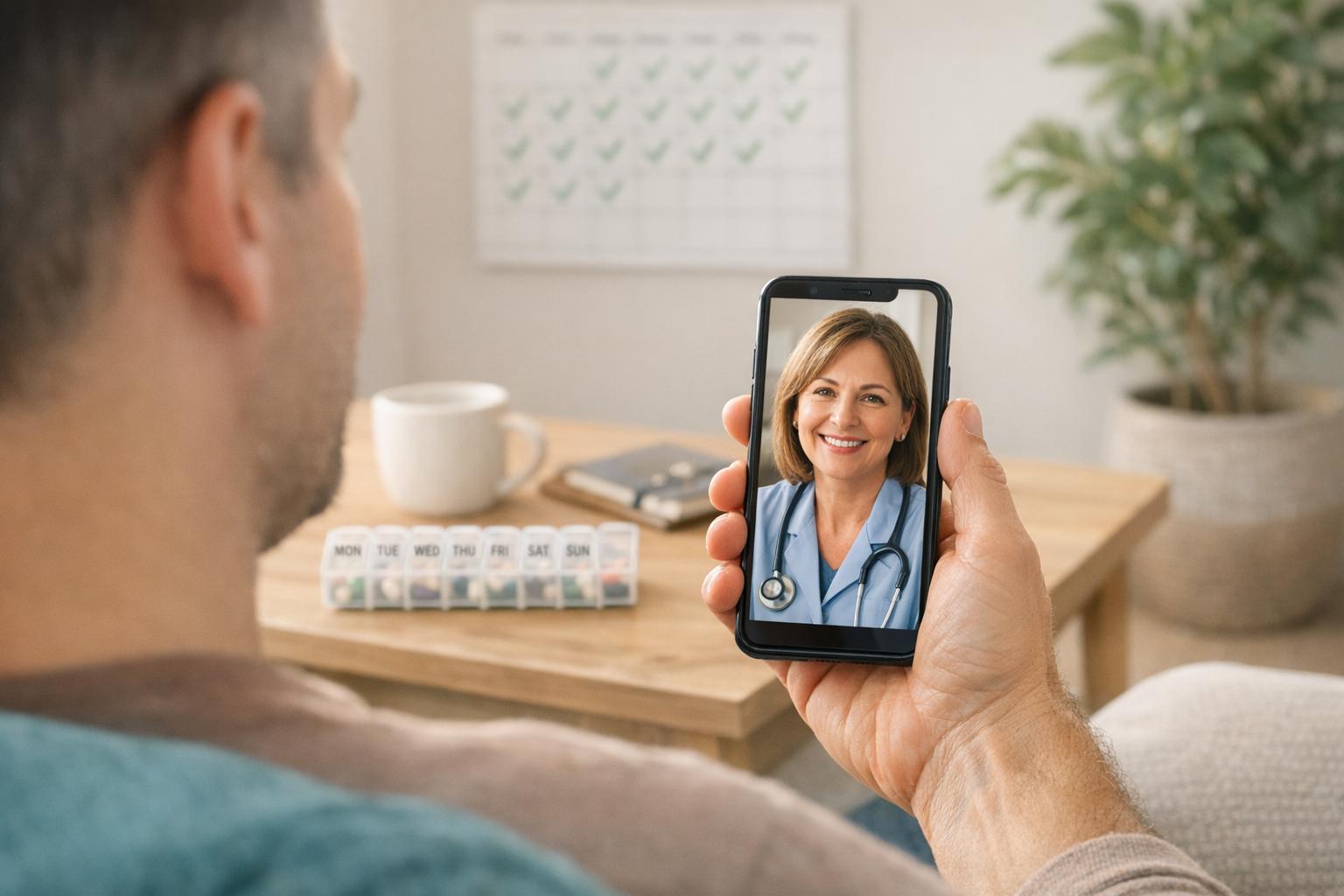 Nurse using patient engagement software to support an older patient and caregiver with compassionate, HIPAA-compliant care.