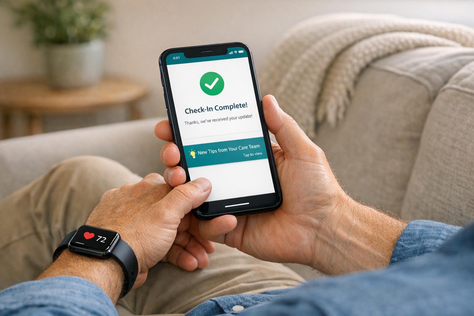 Nurse using patient engagement software to support an older patient and caregiver with compassionate, HIPAA-compliant care.