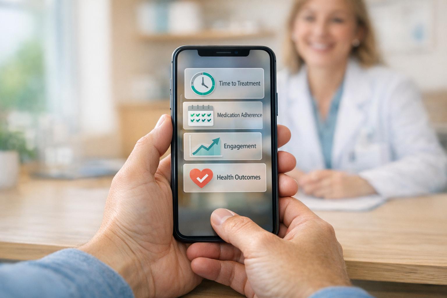 Nurse using patient engagement software to support an older patient and caregiver with compassionate, HIPAA-compliant care.
