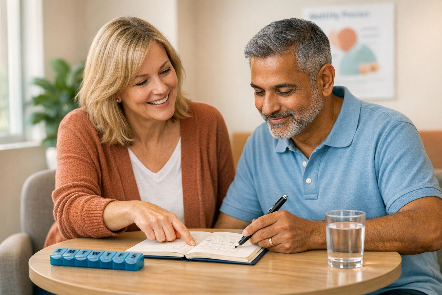 Nurse using patient engagement software to support an older patient and caregiver with compassionate, HIPAA-compliant care.