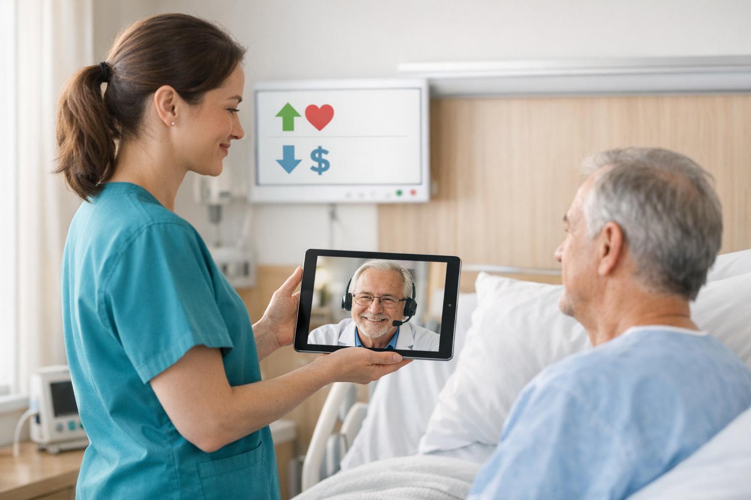 Nurse using patient engagement software to support an older patient and caregiver with compassionate, HIPAA-compliant care.