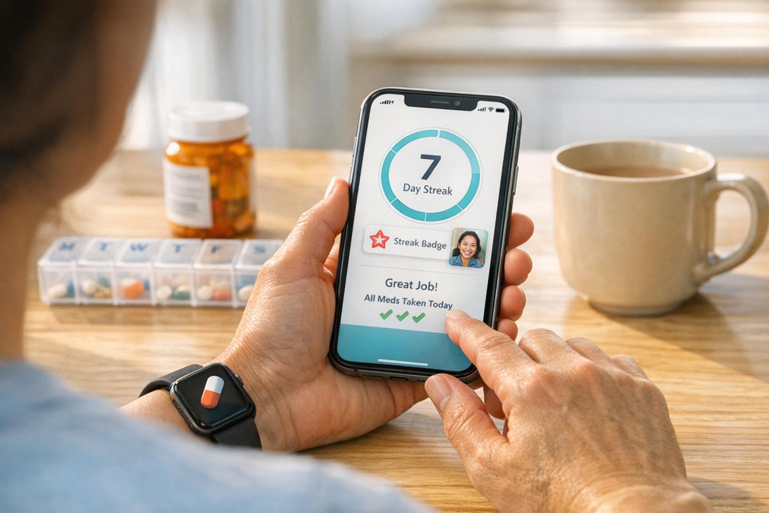 Nurse using patient engagement software to support an older patient and caregiver with compassionate, HIPAA-compliant care.