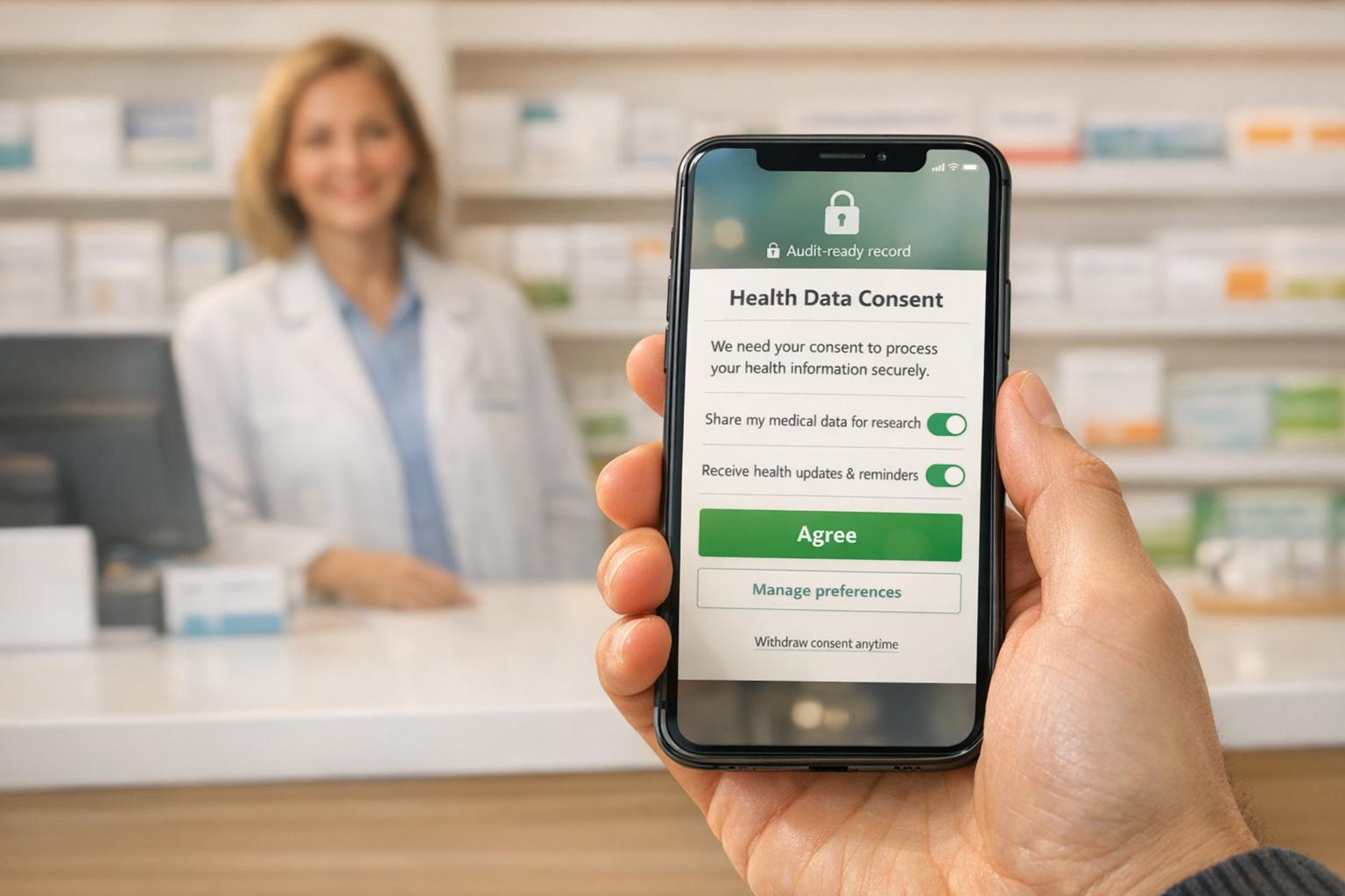 Nurse using patient engagement software to support an older patient and caregiver with compassionate, HIPAA-compliant care.