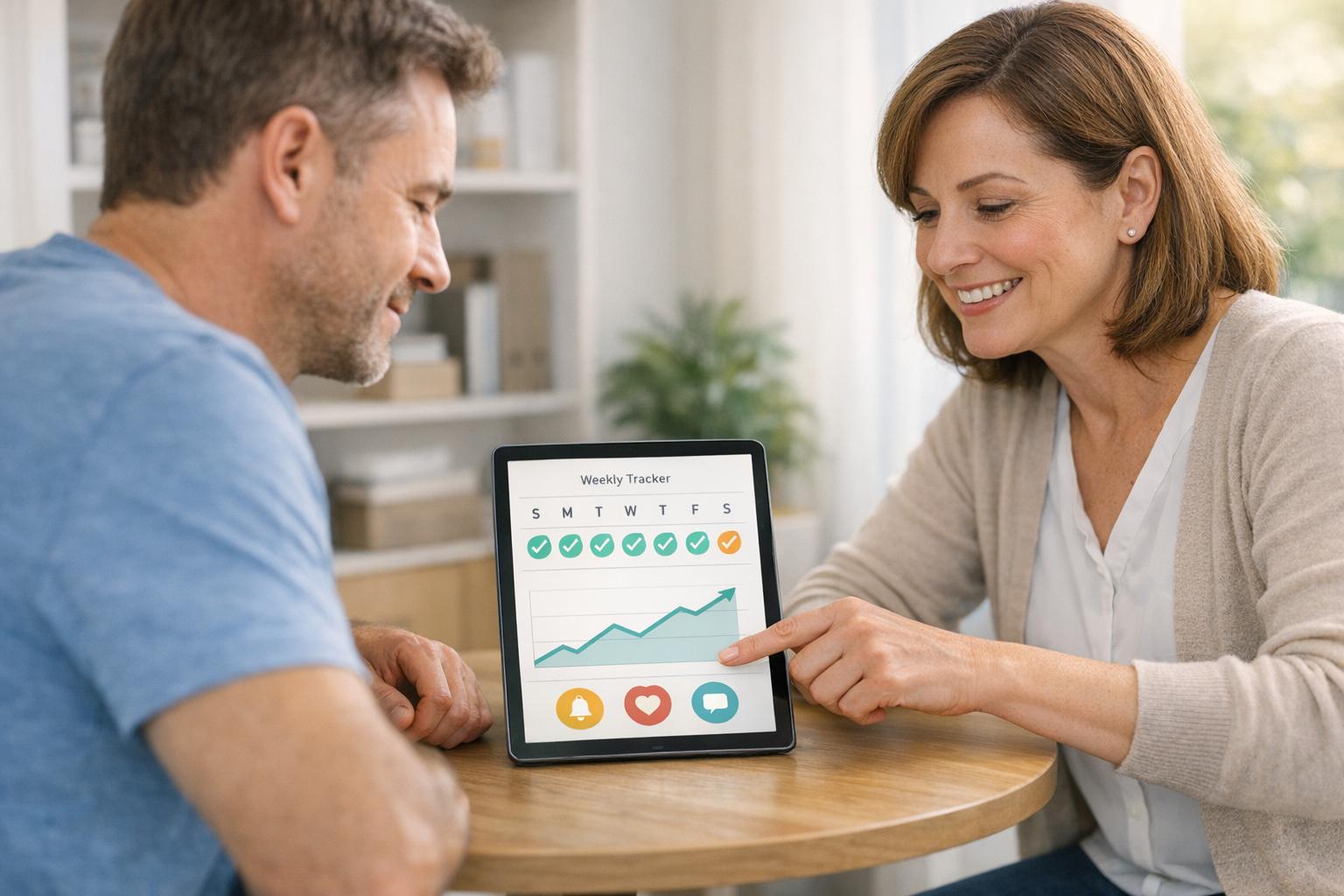 Nurse using patient engagement software to support an older patient and caregiver with compassionate, HIPAA-compliant care.