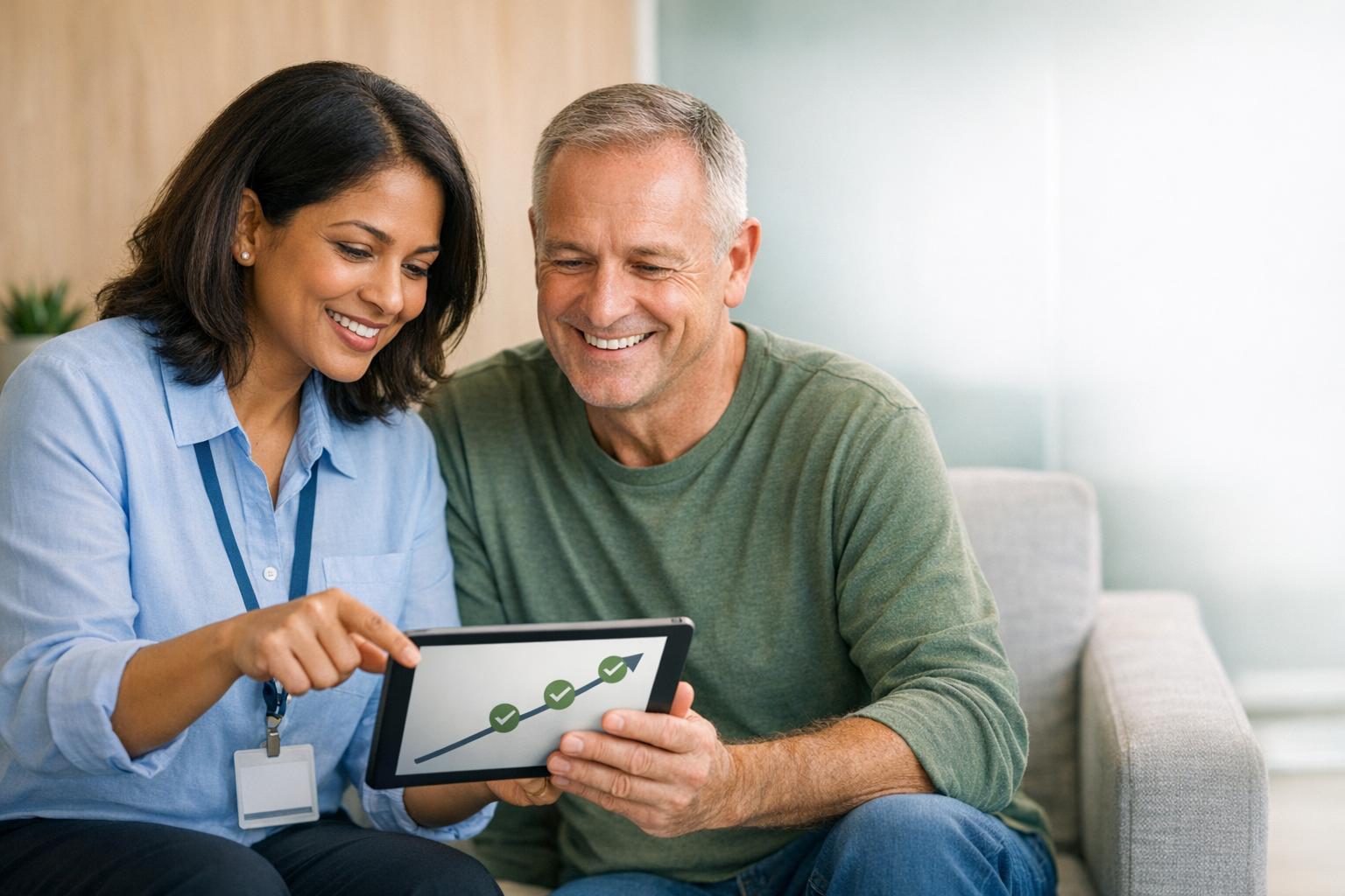 Nurse using patient engagement software to support an older patient and caregiver with compassionate, HIPAA-compliant care.