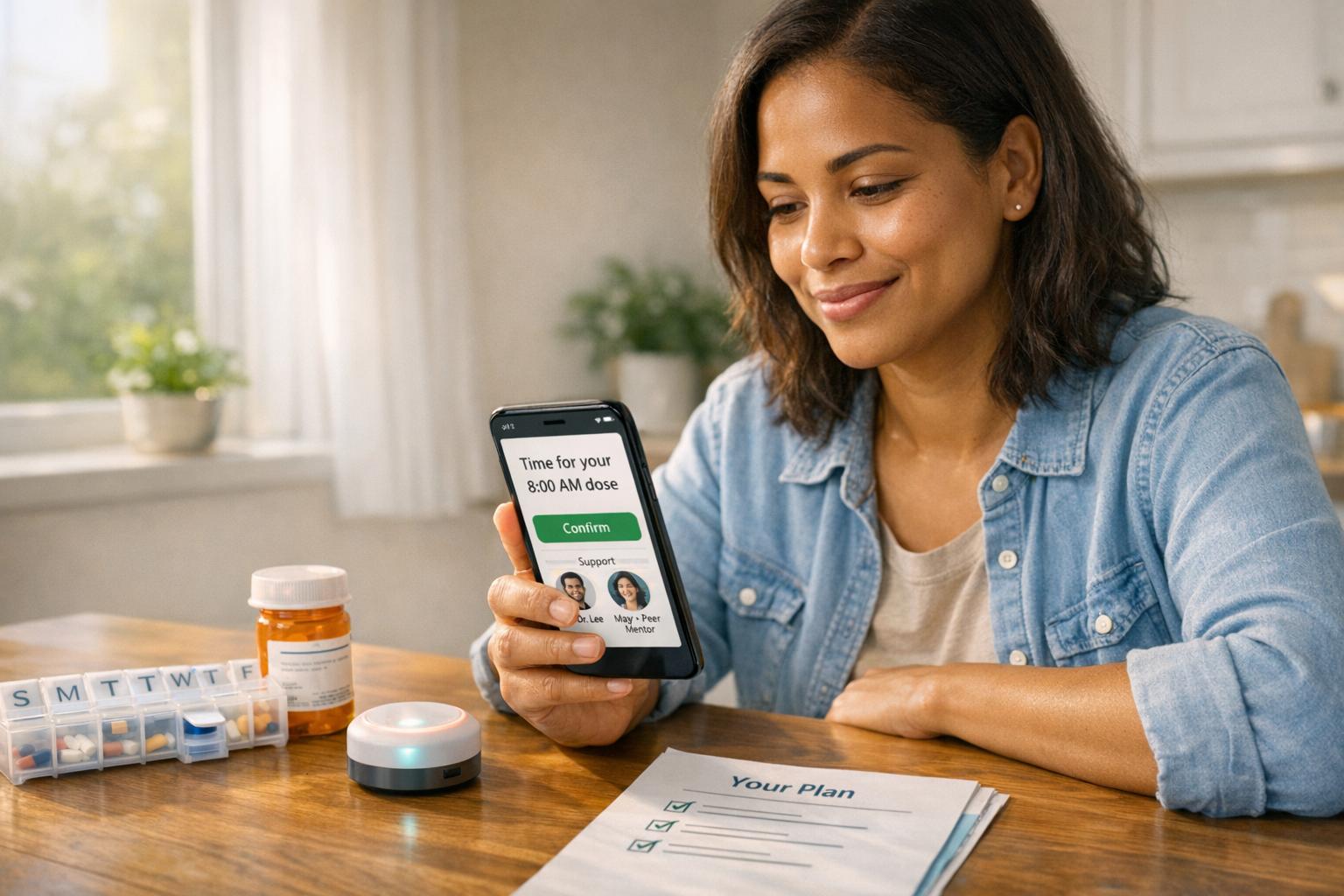 Nurse using patient engagement software to support an older patient and caregiver with compassionate, HIPAA-compliant care.