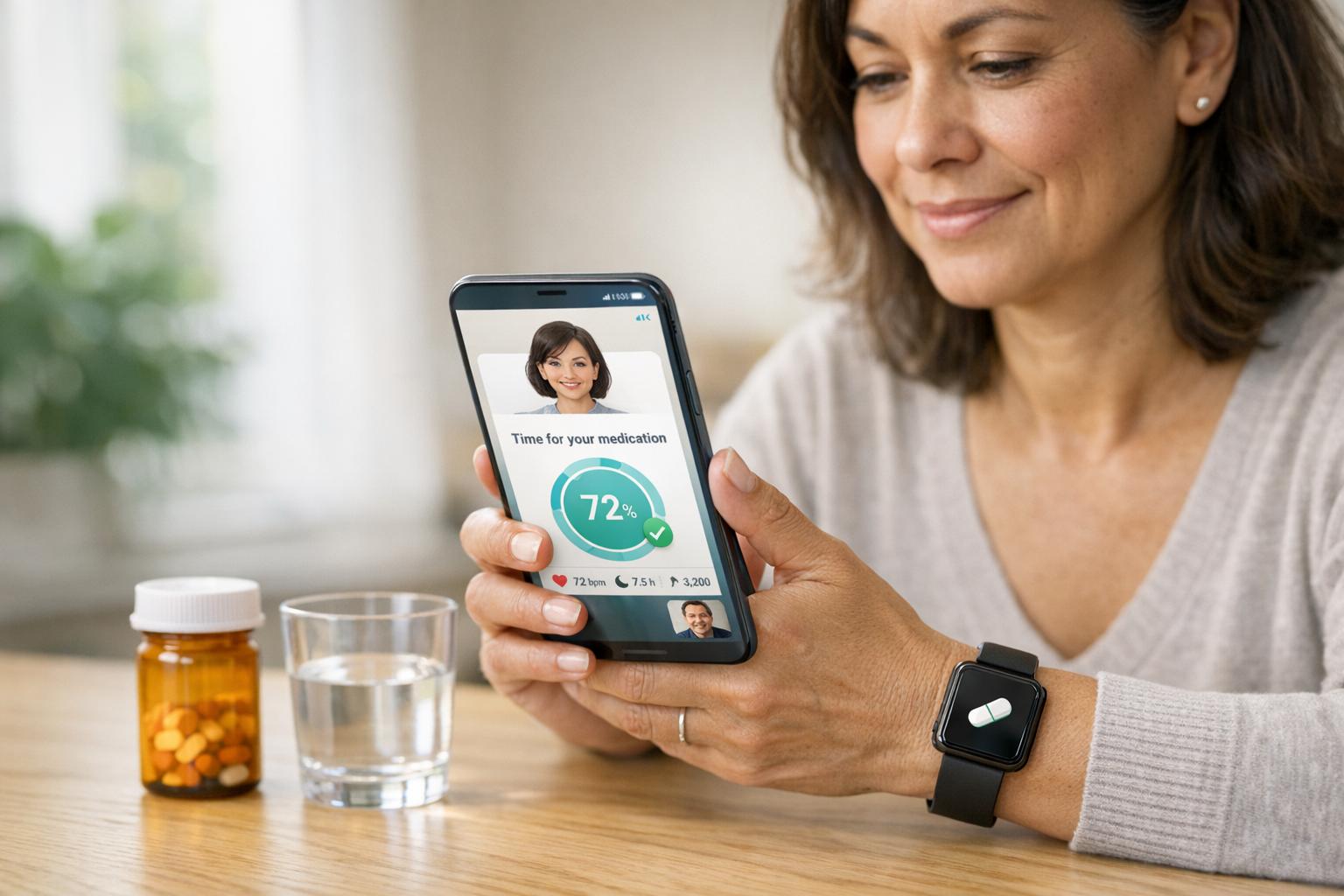Nurse using patient engagement software to support an older patient and caregiver with compassionate, HIPAA-compliant care.